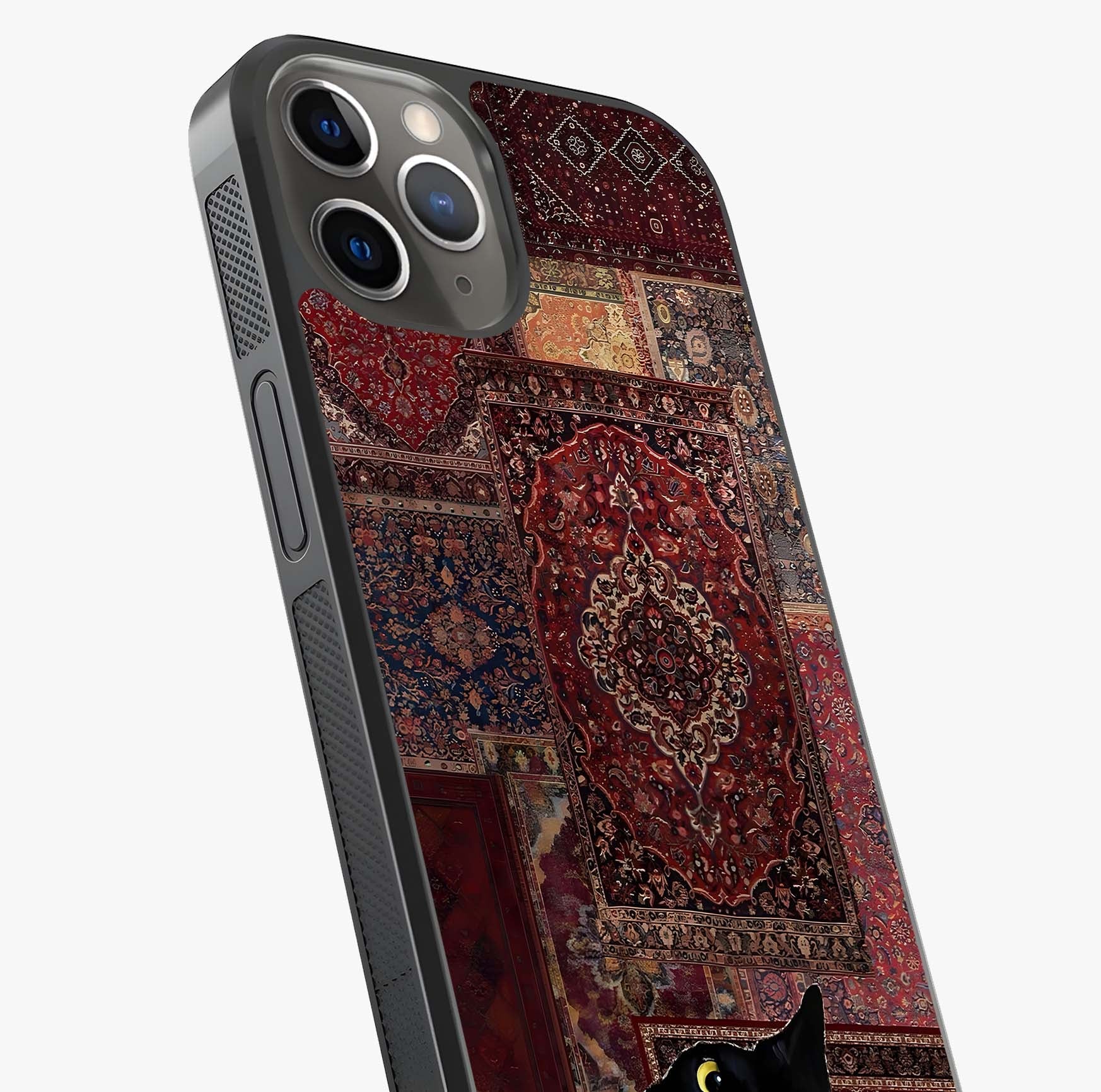Regal Magic Cat Apple Glass Case captured at a warm angle highlighting gloss, texture and premium glass finish.