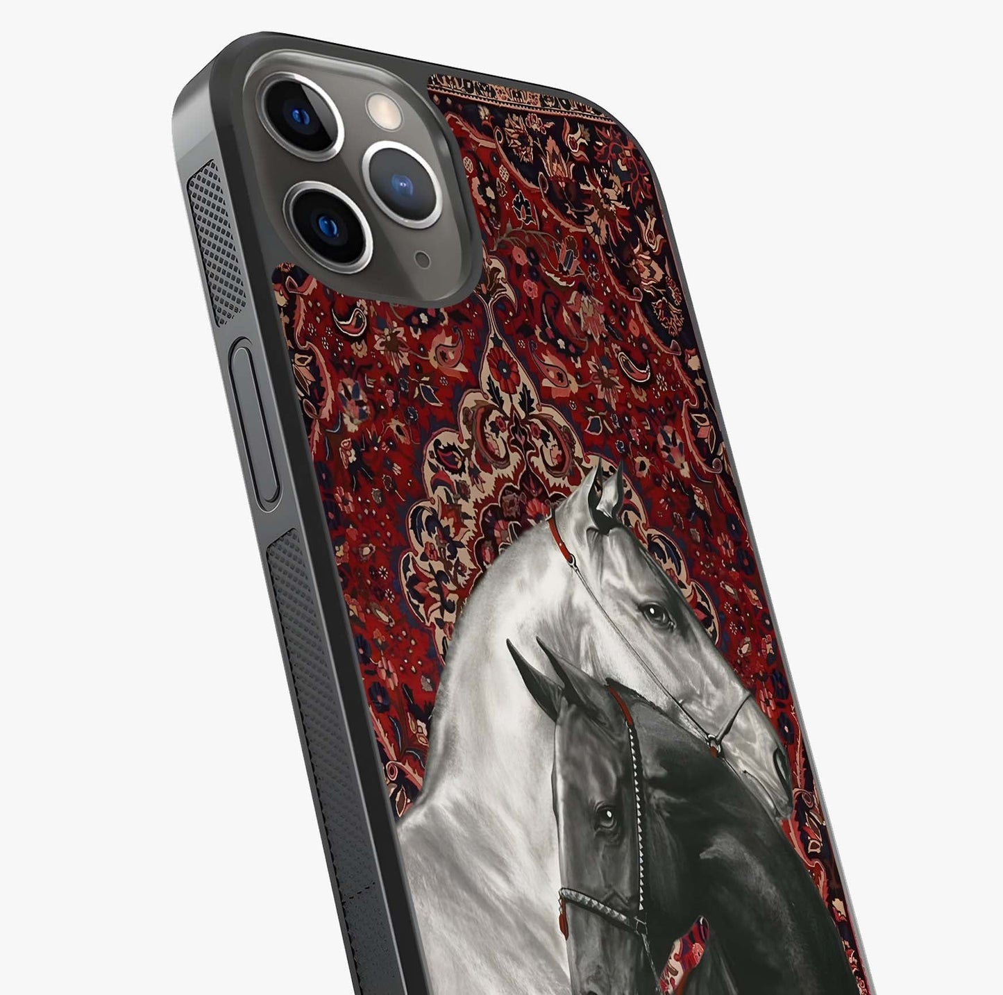 Regal Stallion Tapestry Glass Case captured at a warm angle highlighting gloss, texture and premium glass finish.
