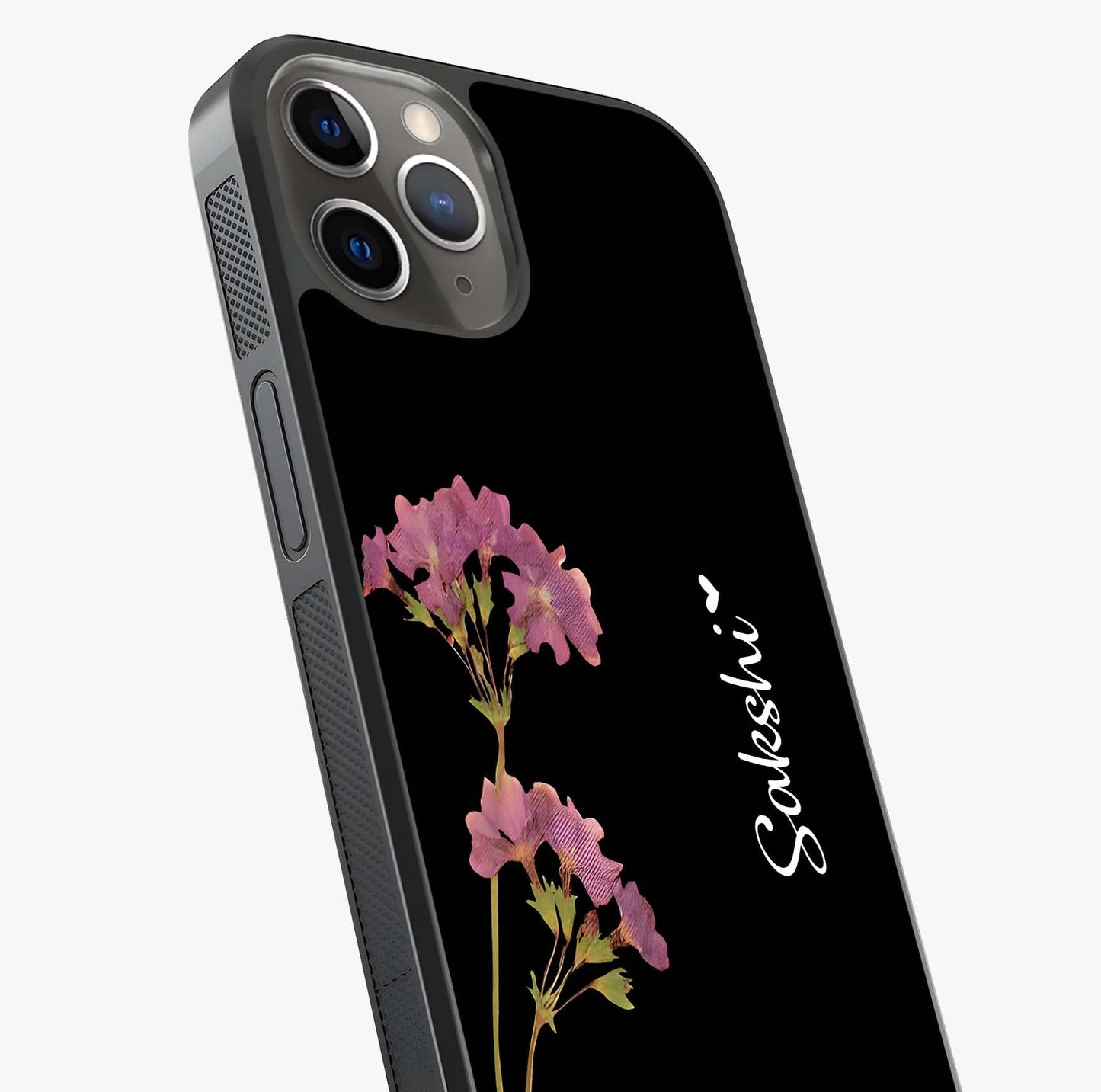 Riching Lavender Flower Custom Name Glass Case captured at a warm angle highlighting gloss, texture and premium glass finish.