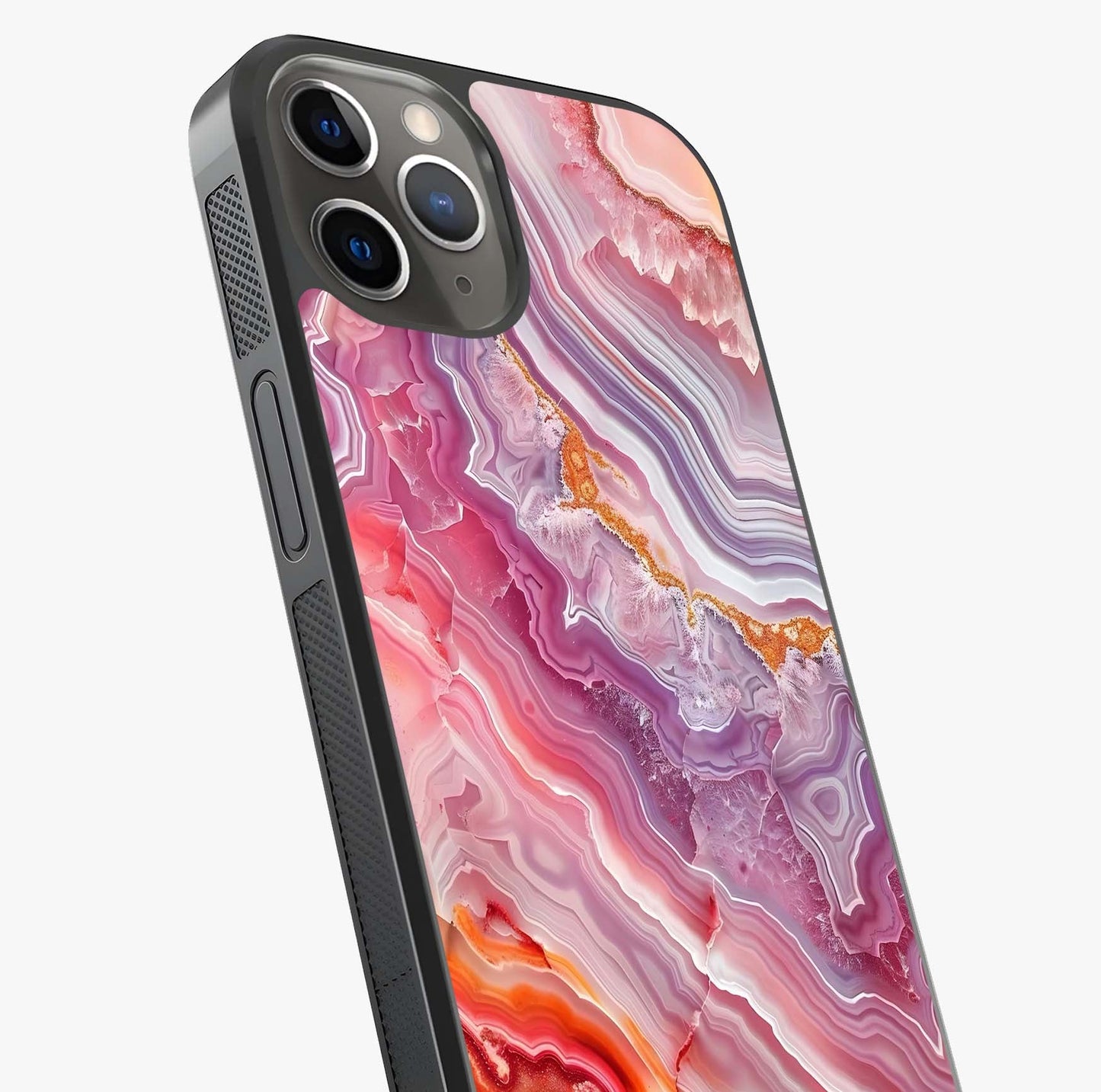 Rose Quartz Marble Glass Case captured at a warm angle highlighting gloss, texture and premium glass finish.