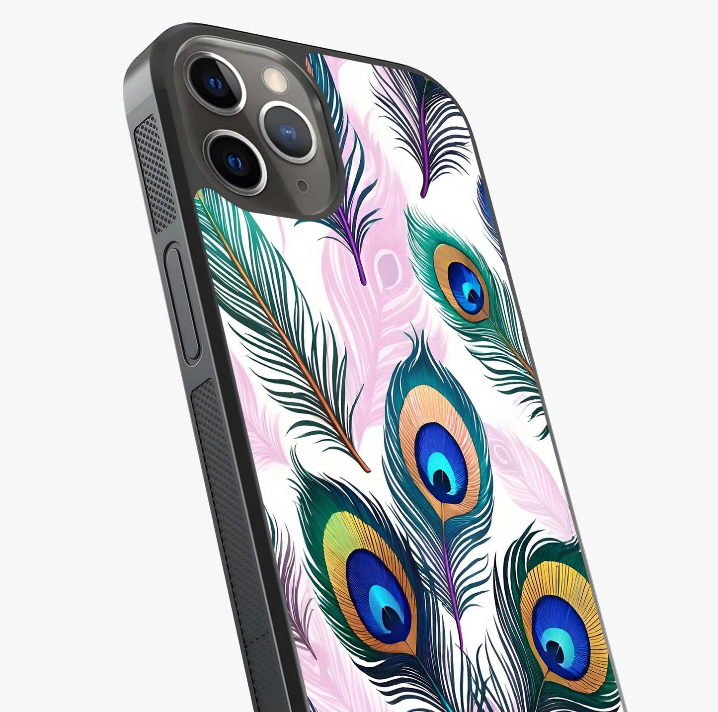 Royal Peacock Feathers Glass Case captured at a warm angle highlighting gloss, texture and premium glass finish.