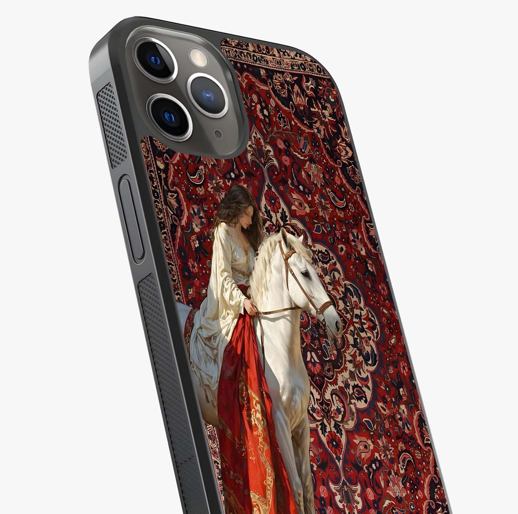 Royal Rider Tapestry Glass Case captured at a warm angle highlighting gloss, texture and premium glass finish.