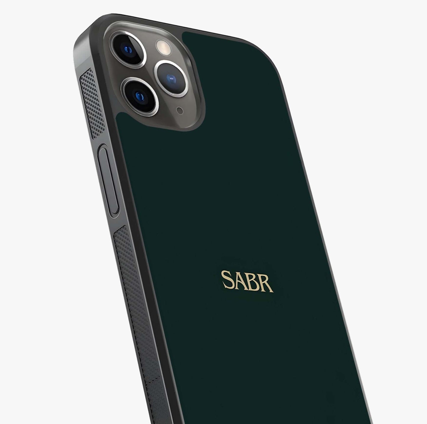 Sabr Minimal Patience Glass Case captured at a warm angle highlighting gloss, texture and premium glass finish.