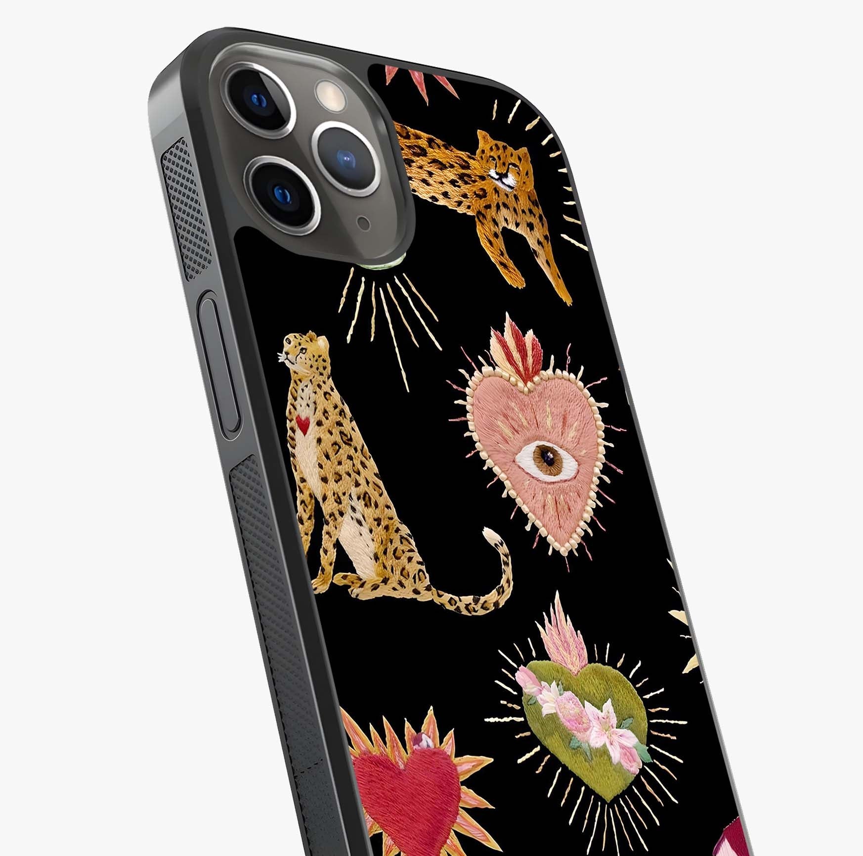 Sacred Jungle Heart Glass Case captured at a warm angle highlighting gloss, texture and premium glass finish.