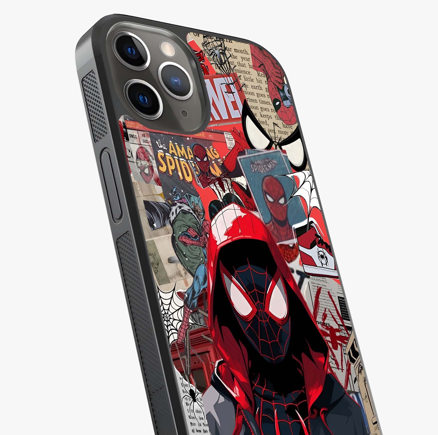 Spider Collage Street Glass Case captured at a warm angle highlighting gloss, texture and premium glass finish.