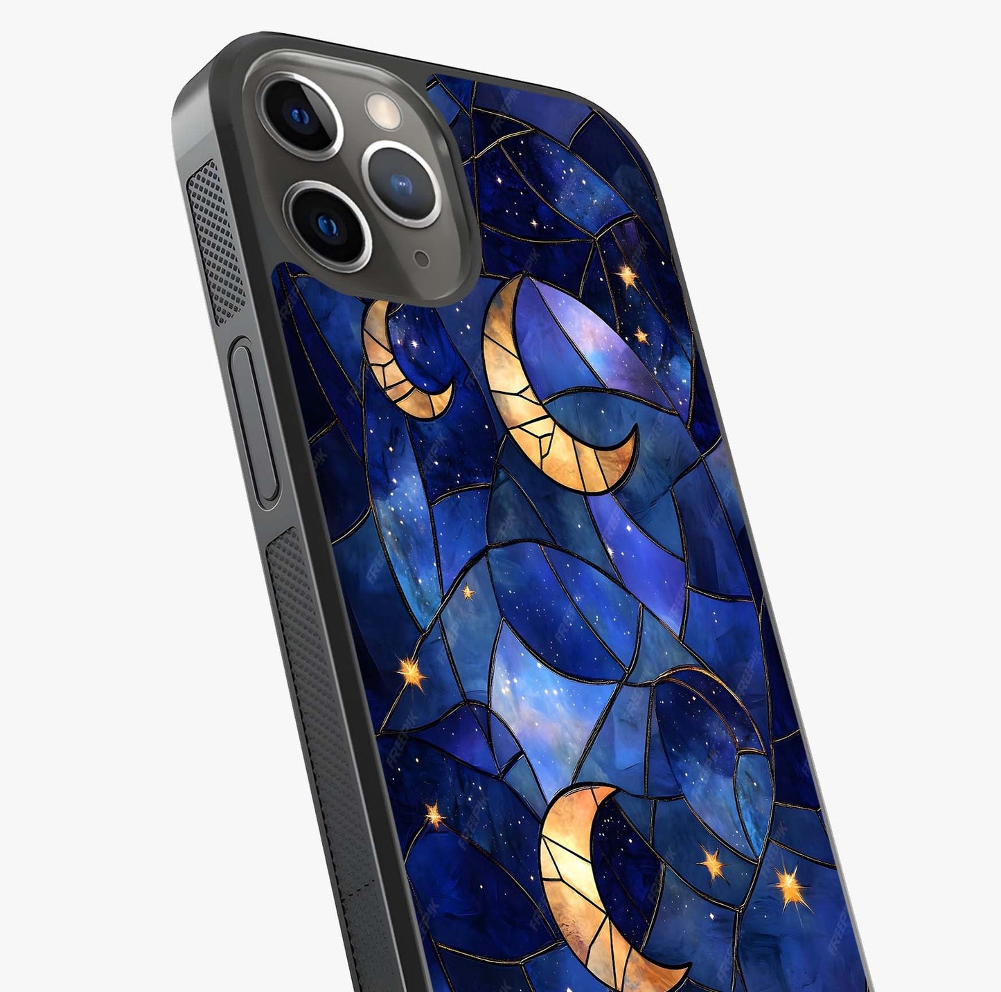 Starlit Sky Tapestry Glass Case captured at a warm angle highlighting gloss, texture and premium glass finish.