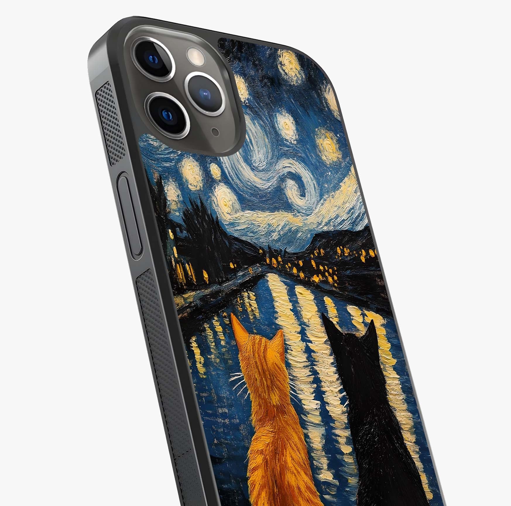 Starry River Cats Glass Case captured at a warm angle highlighting gloss, texture and premium glass finish.