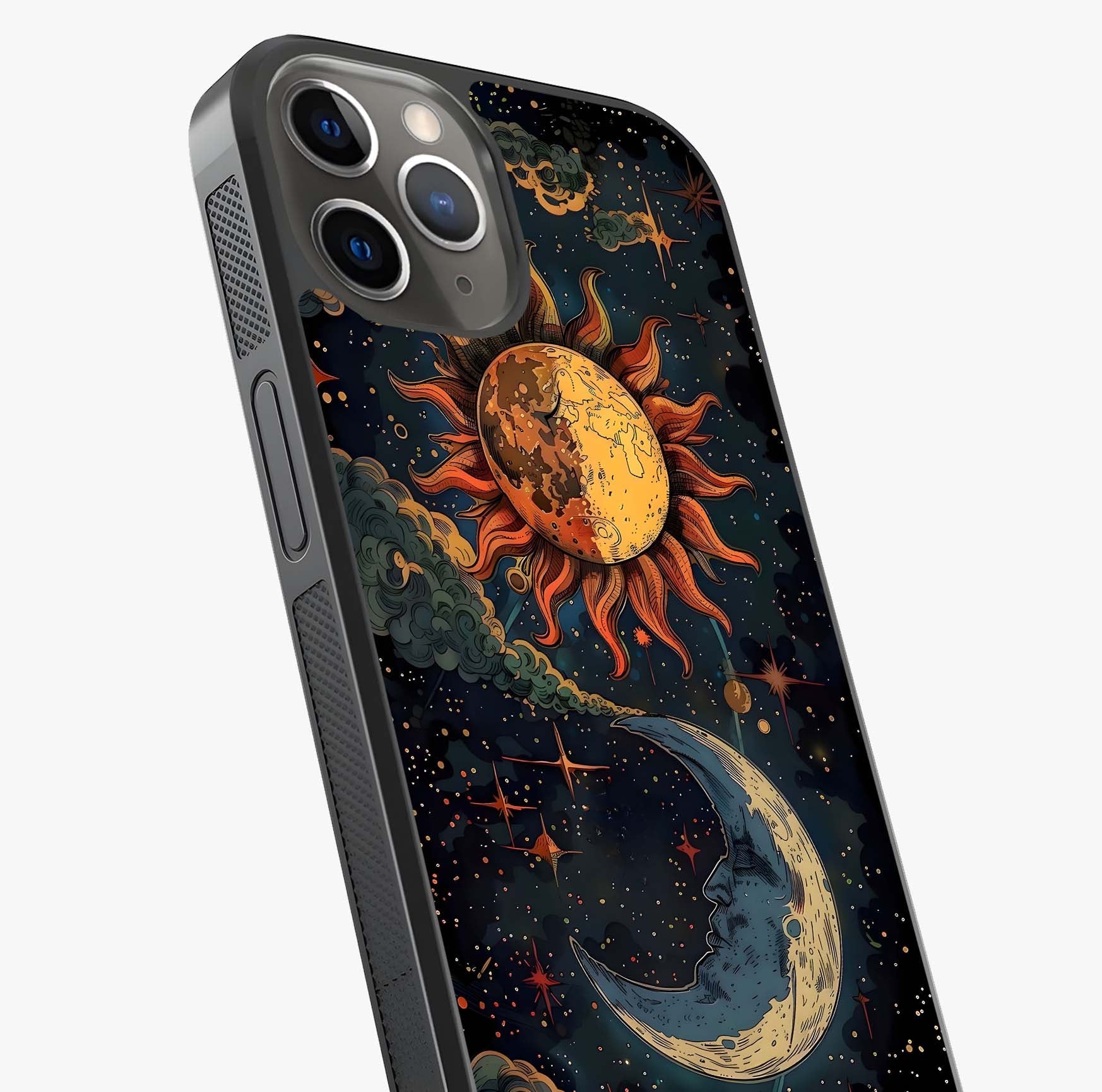 Sun And Moon Magic Design Glass Case captured at a warm angle highlighting gloss, texture and premium glass finish.