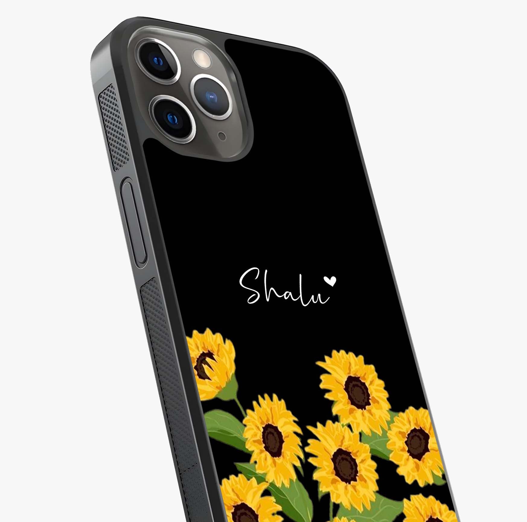 Sunflower Chic Mood Custom Name Glass Case captured at a warm angle highlighting gloss, texture and premium glass finish.