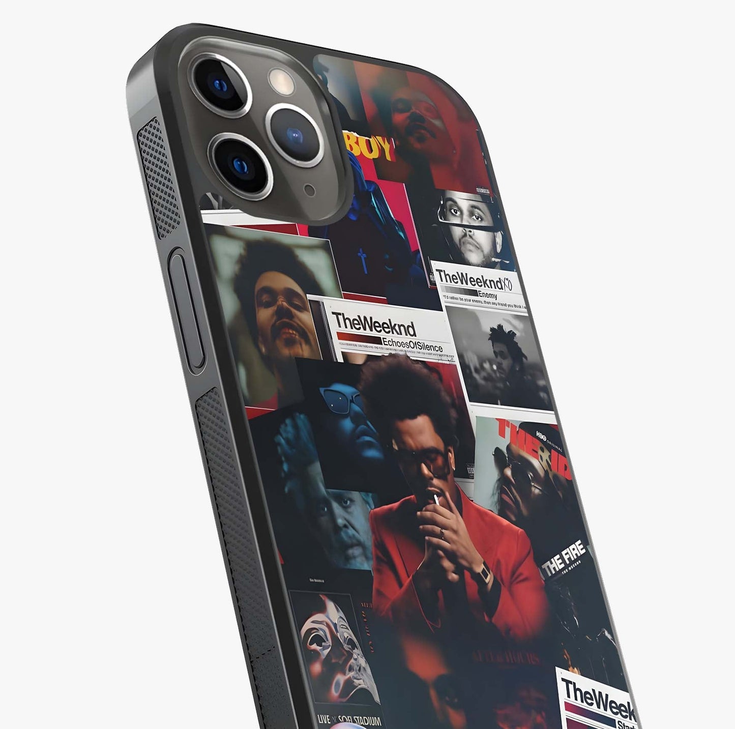 The Weeknd Glass Case captured at a warm angle highlighting gloss, texture and premium glass finish.