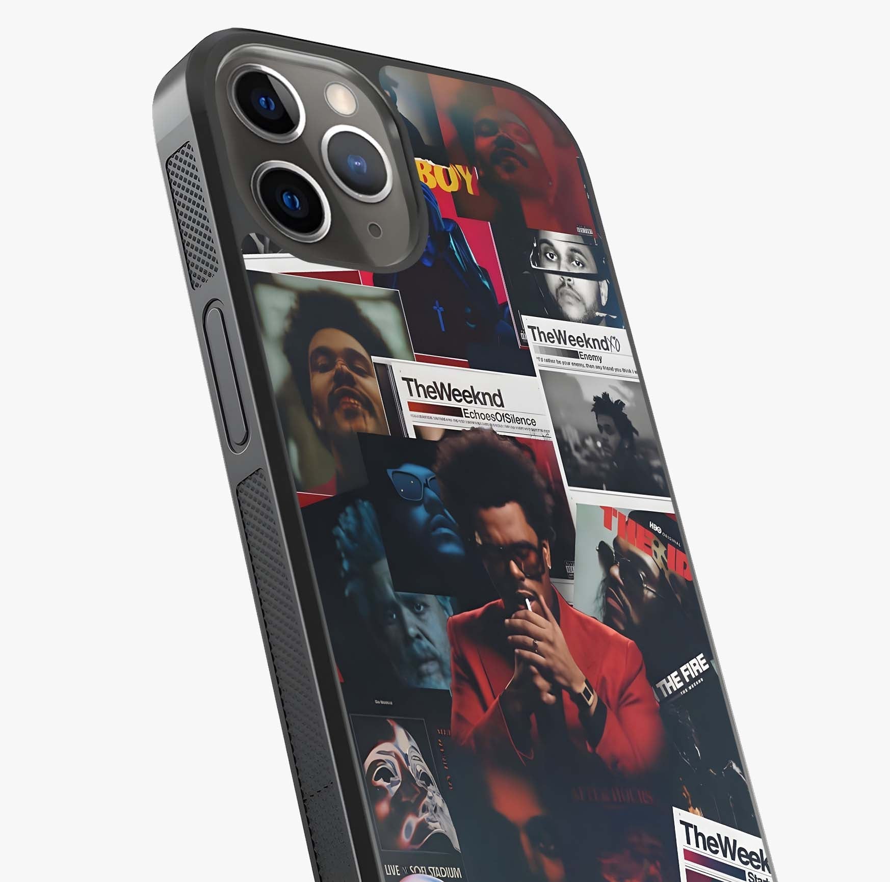 The Weeknd Glass Case captured at a warm angle highlighting gloss, texture and premium glass finish.