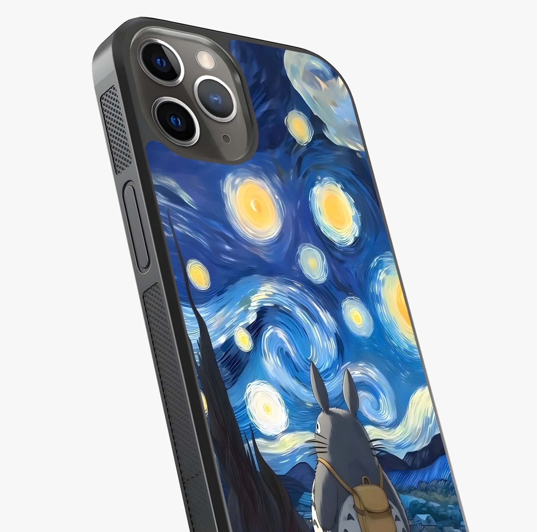 Totoro In Van Gogh Art Glass Case captured at a warm angle highlighting gloss, texture and premium glass finish.