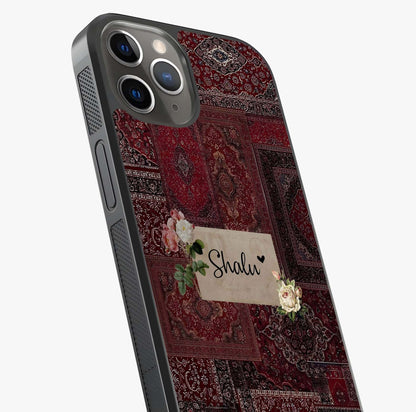 Velvet Wine Pattern Custom Name Glass Case captured at a warm angle highlighting gloss, texture and premium glass finish.