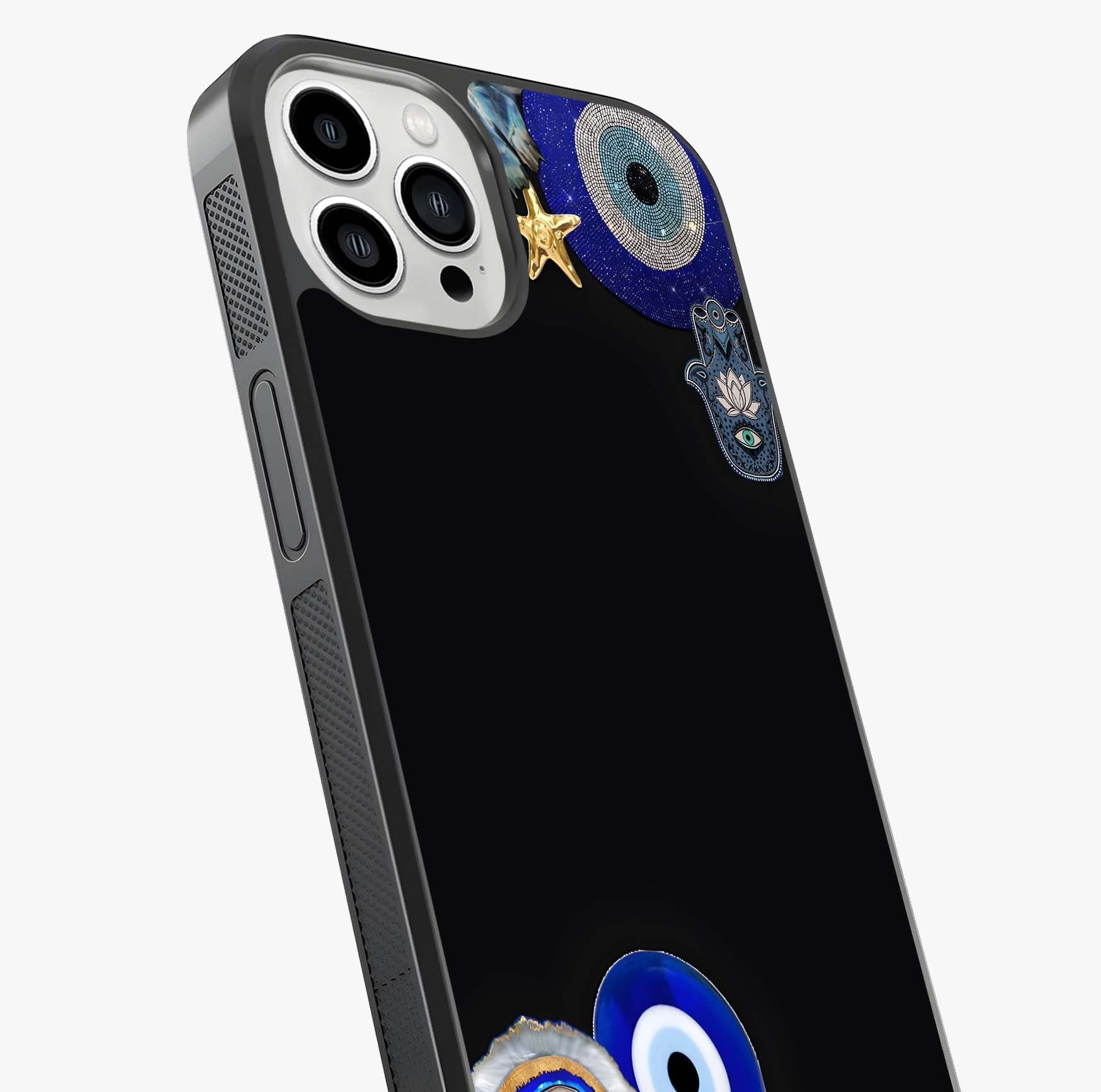 Aesthetic Blue Evil Eye Glass Case captured at a warm angle highlighting gloss, texture and premium glass finish.