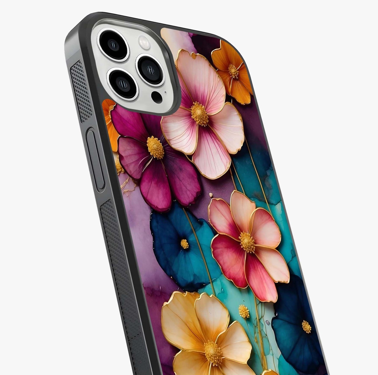 Artlyn Grace Flower Pattern Glass Case captured at a warm angle highlighting gloss, texture and premium glass finish.