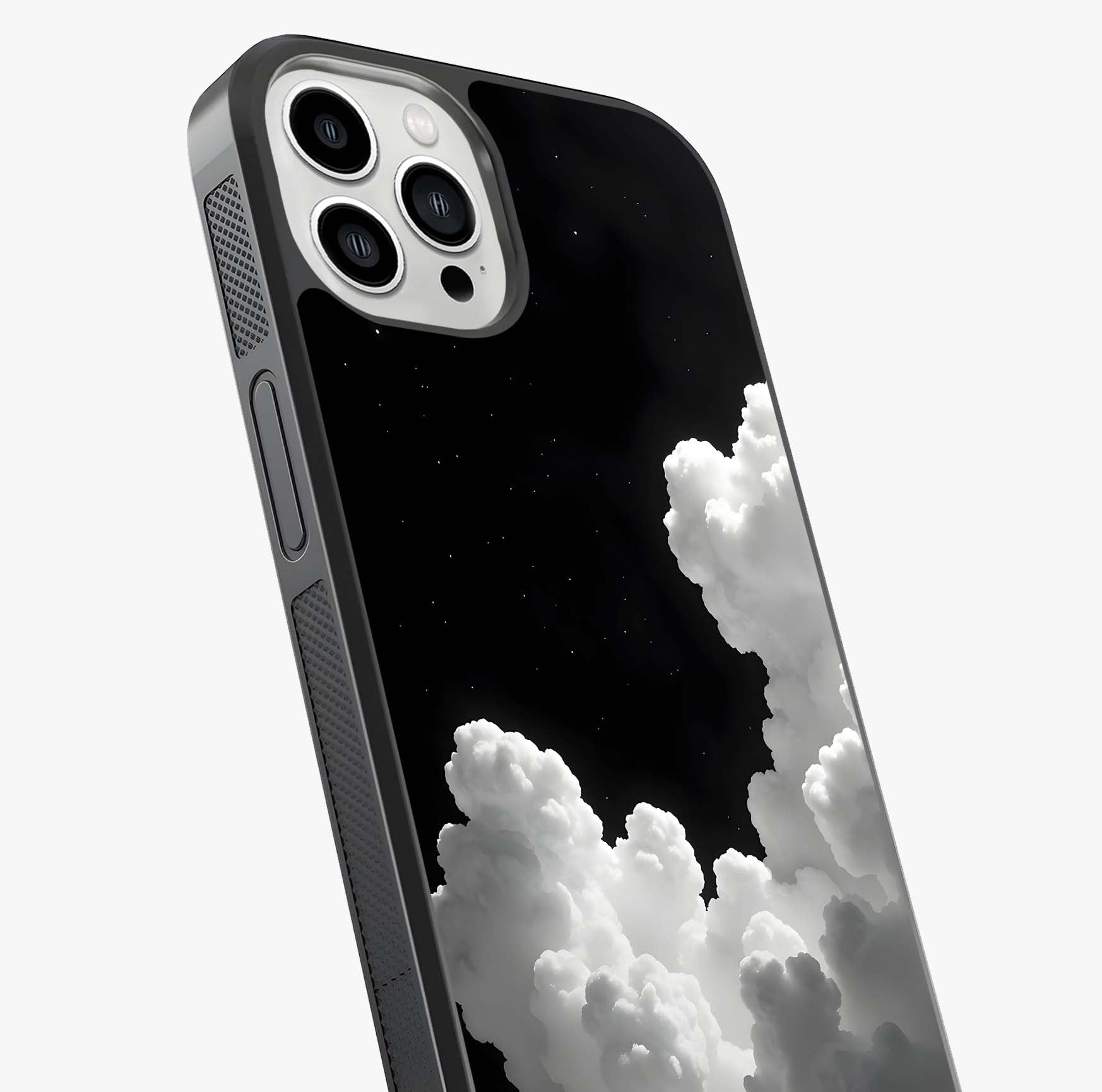 Black Background With White Cloud Glass Case captured at a warm angle highlighting gloss, texture and premium glass finish.