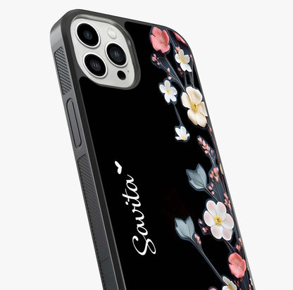 Black Elegance Floral Custom Name Glass Case captured at a warm angle highlighting gloss, texture and premium glass finish.