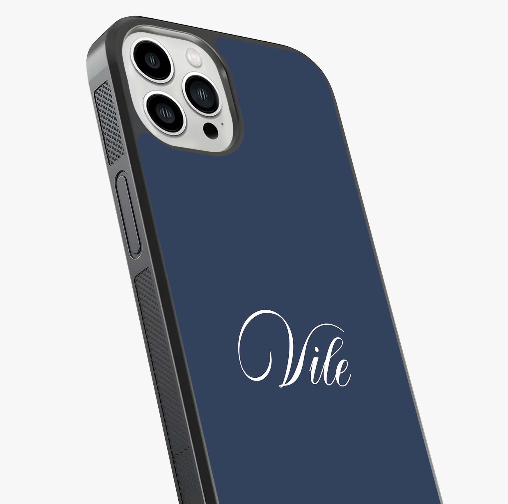 Blue Background Personalized Custom Name Glass Case captured at a warm angle highlighting gloss, texture and premium glass finish.
