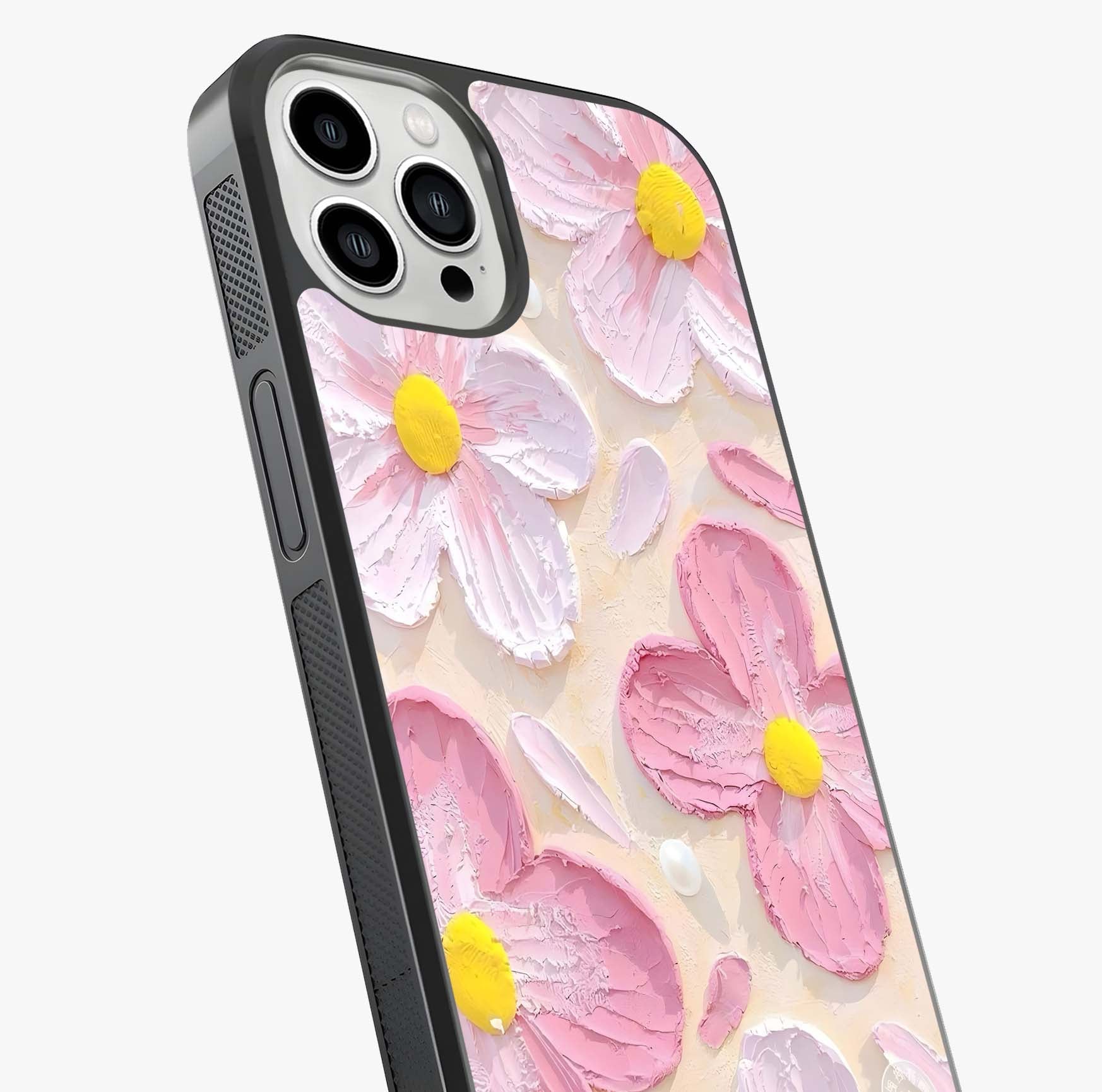 Blush Bloom Texture Glass Case captured at a warm angle highlighting gloss, texture and premium glass finish.