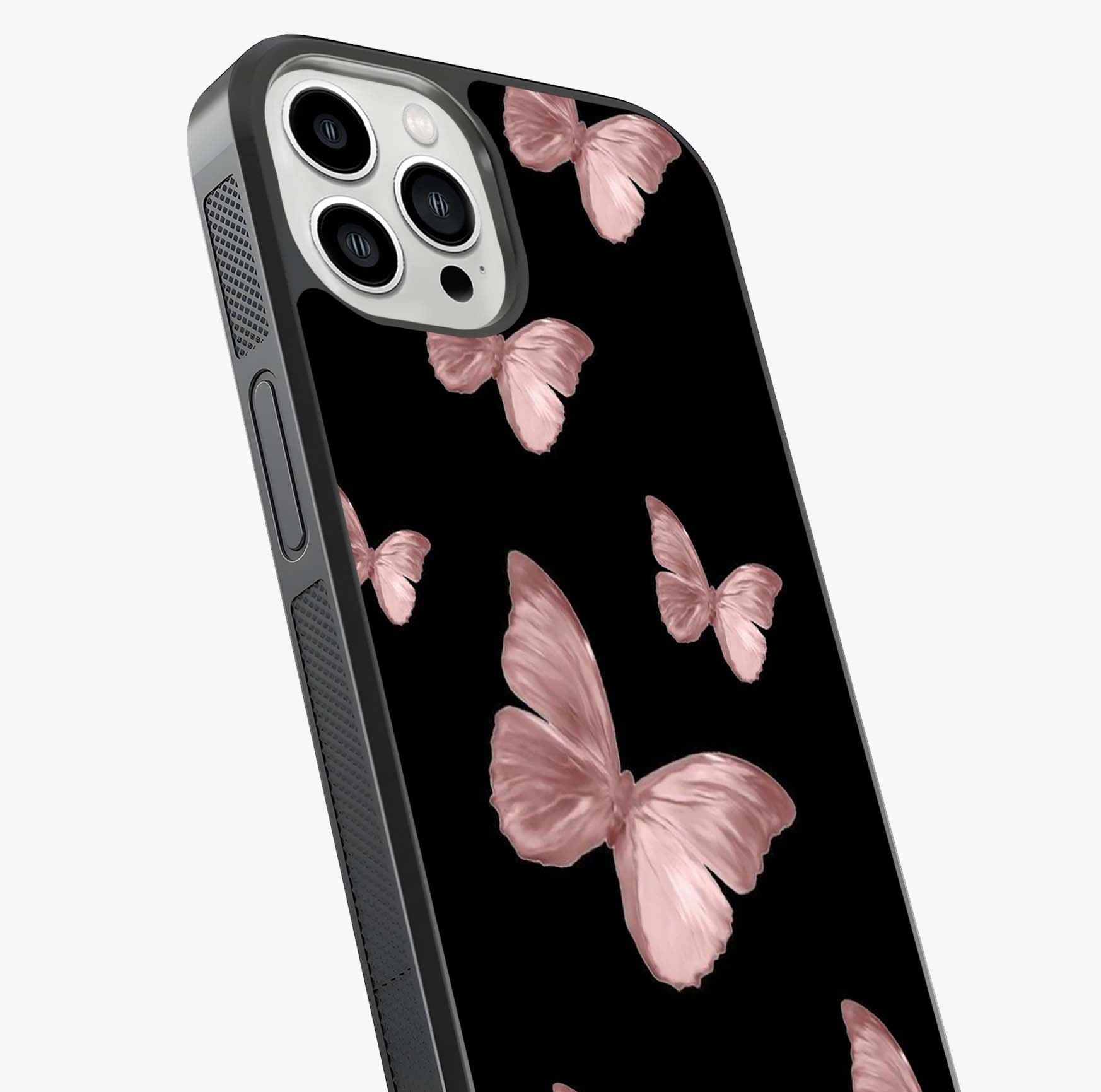 Butterfly Pattern Glass Case captured at a warm angle highlighting gloss, texture and premium glass finish.