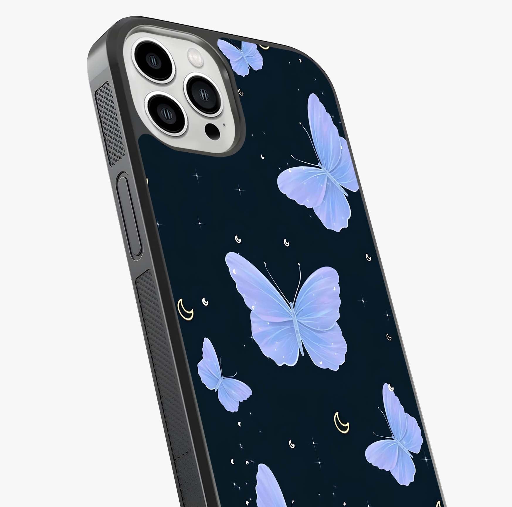 Butterfly With Stars Pattern Glass Case captured at a warm angle highlighting gloss, texture and premium glass finish.