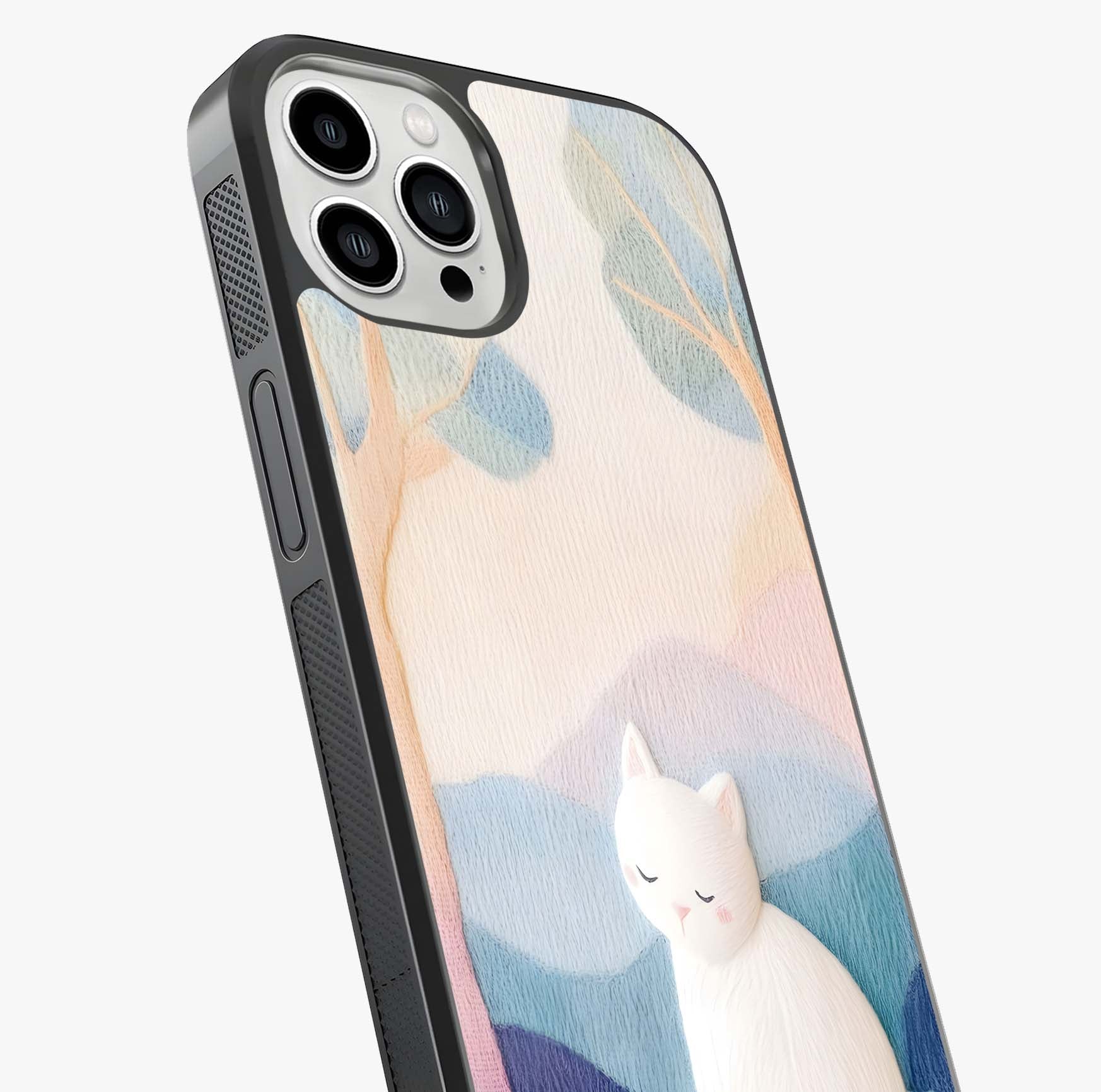 Cotton Dream Cat Glass Case captured at a warm angle highlighting gloss, texture and premium glass finish.