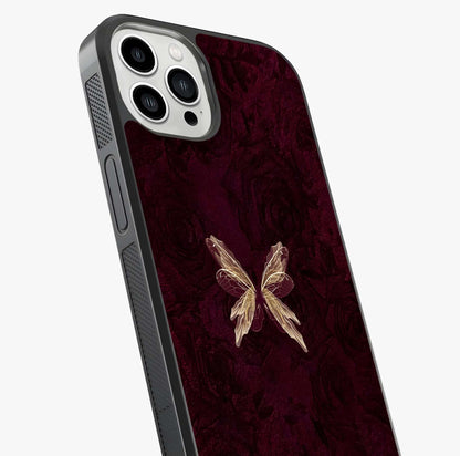 Crimson Fade Butterfly Glass Case captured at a warm angle highlighting gloss, texture and premium glass finish.