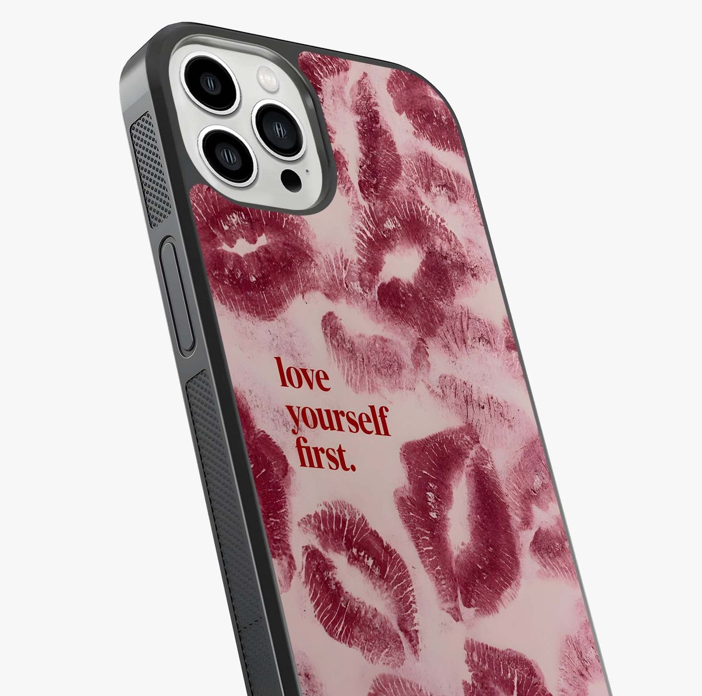 Crimson Kiss Love Glass Case captured at a warm angle highlighting gloss, texture and premium glass finish.