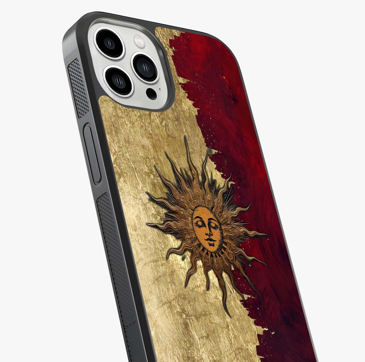 Crimson Sun Majesty Glass Case captured at a warm angle highlighting gloss, texture and premium glass finish.