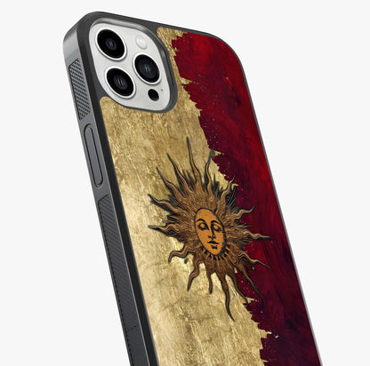 Crimson Sun Majesty Glass Case captured at a warm angle highlighting gloss, texture and premium glass finish.