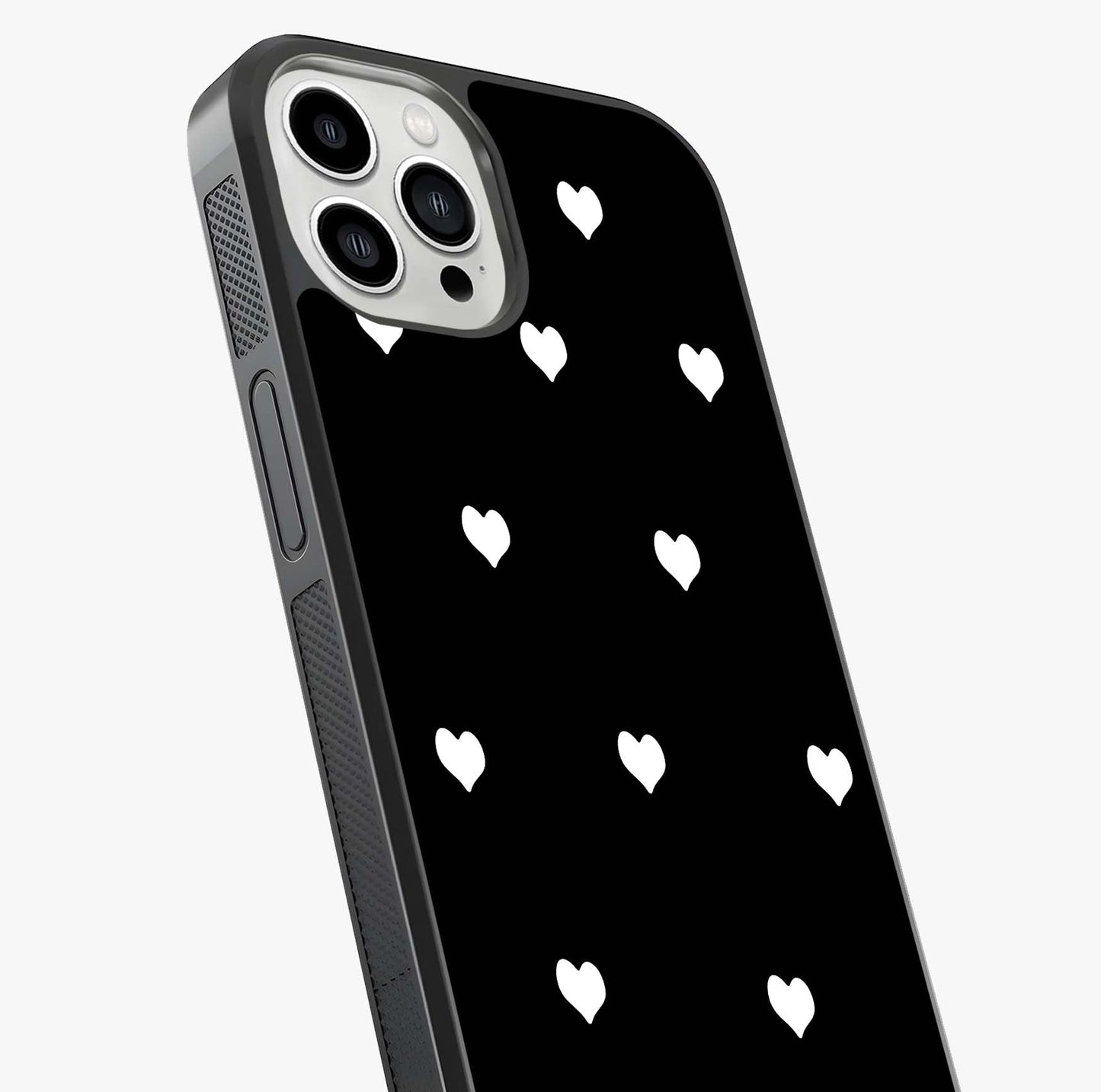 Cute And Simple White Hearts Glass Case captured at a warm angle highlighting gloss, texture and premium glass finish.