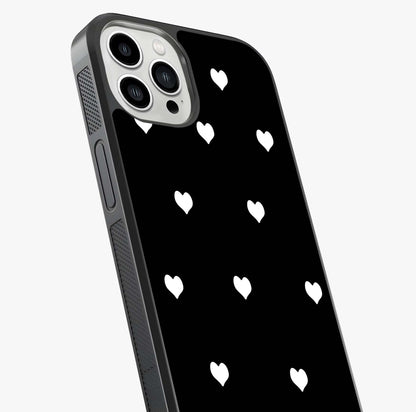 Cute And Simple White Hearts Glass Case captured at a warm angle highlighting gloss, texture and premium glass finish.