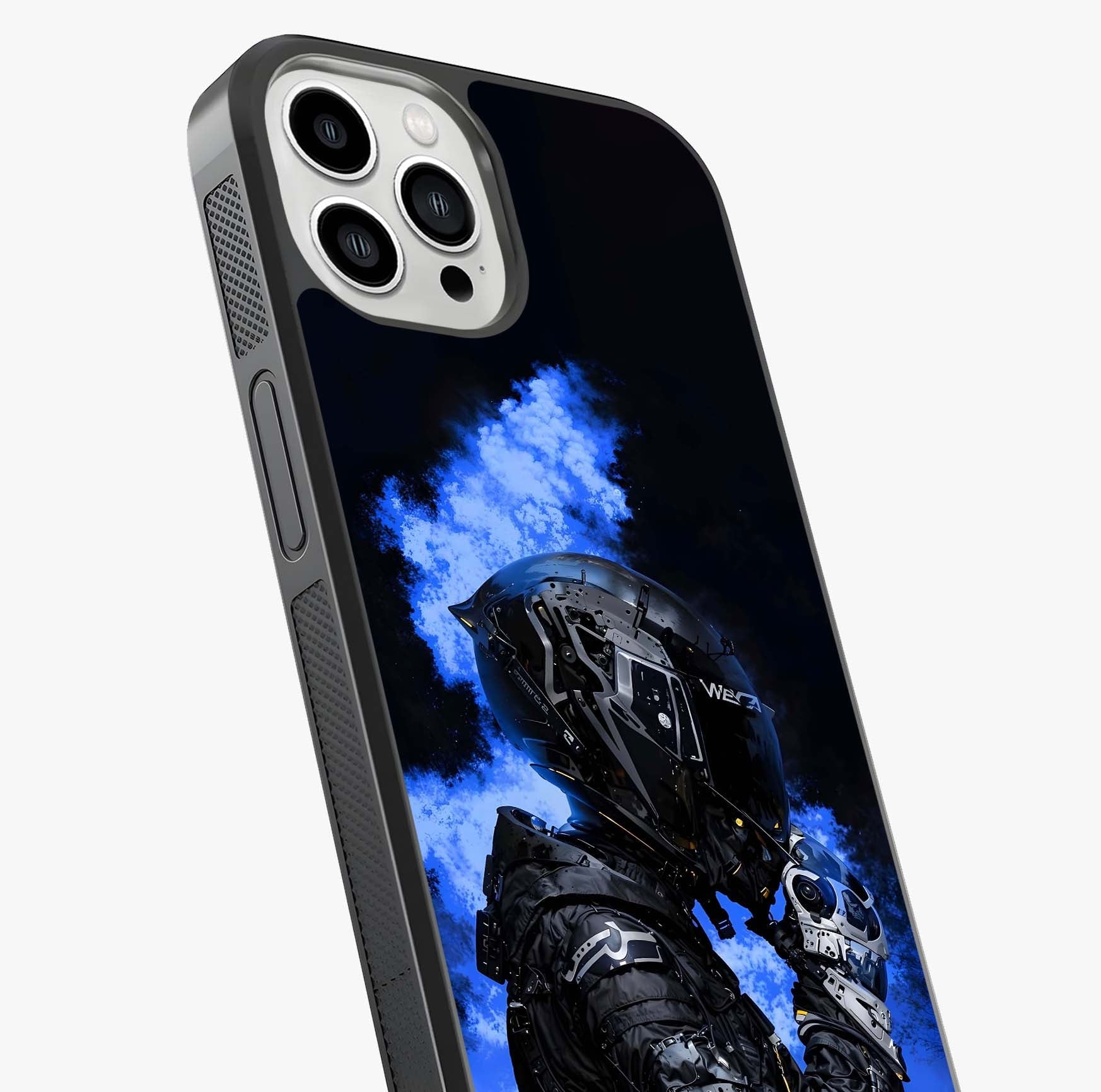 Cyber Sentinel Protocol Glass Case captured at a warm angle highlighting gloss, texture and premium glass finish.