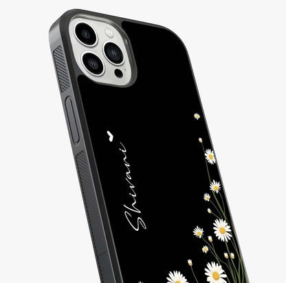 Daisy Cascade Custom Name Glass Case captured at a warm angle highlighting gloss, texture and premium glass finish.