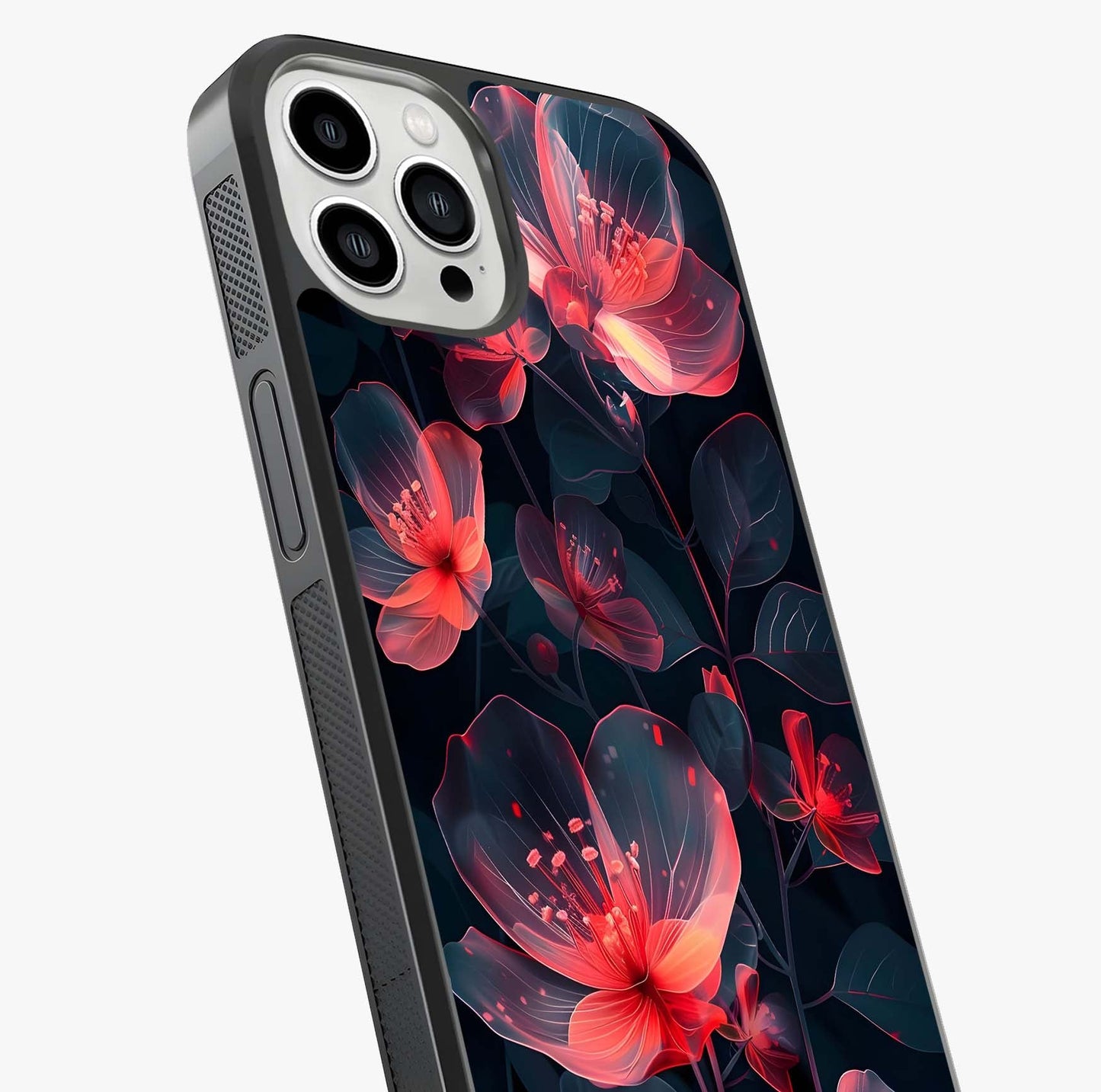 Dark Shade Of Flower Glass Case captured at a warm angle highlighting gloss, texture and premium glass finish.