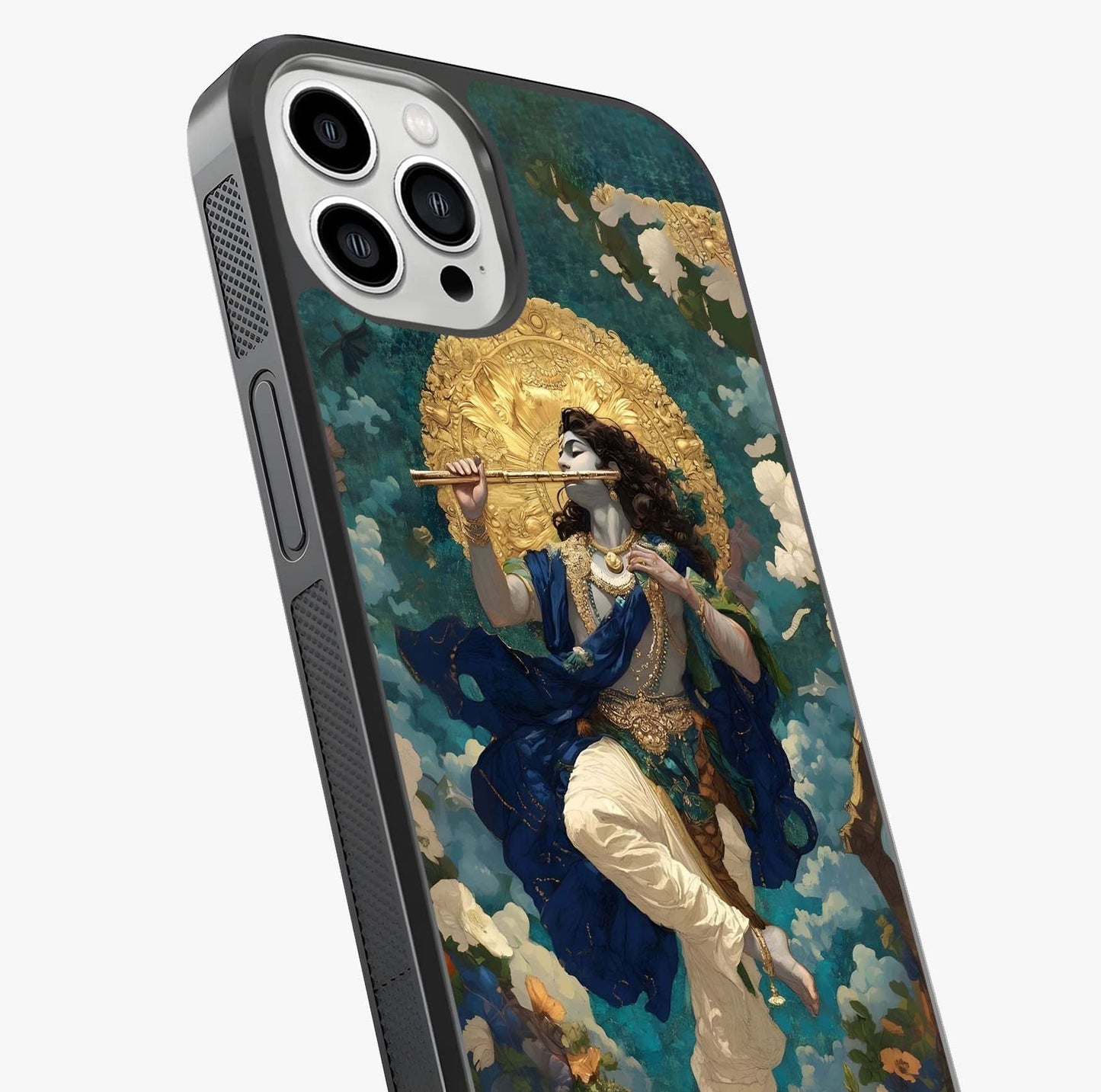 Divine Krishna Art Glass Case captured at a warm angle highlighting gloss, texture and premium glass finish.