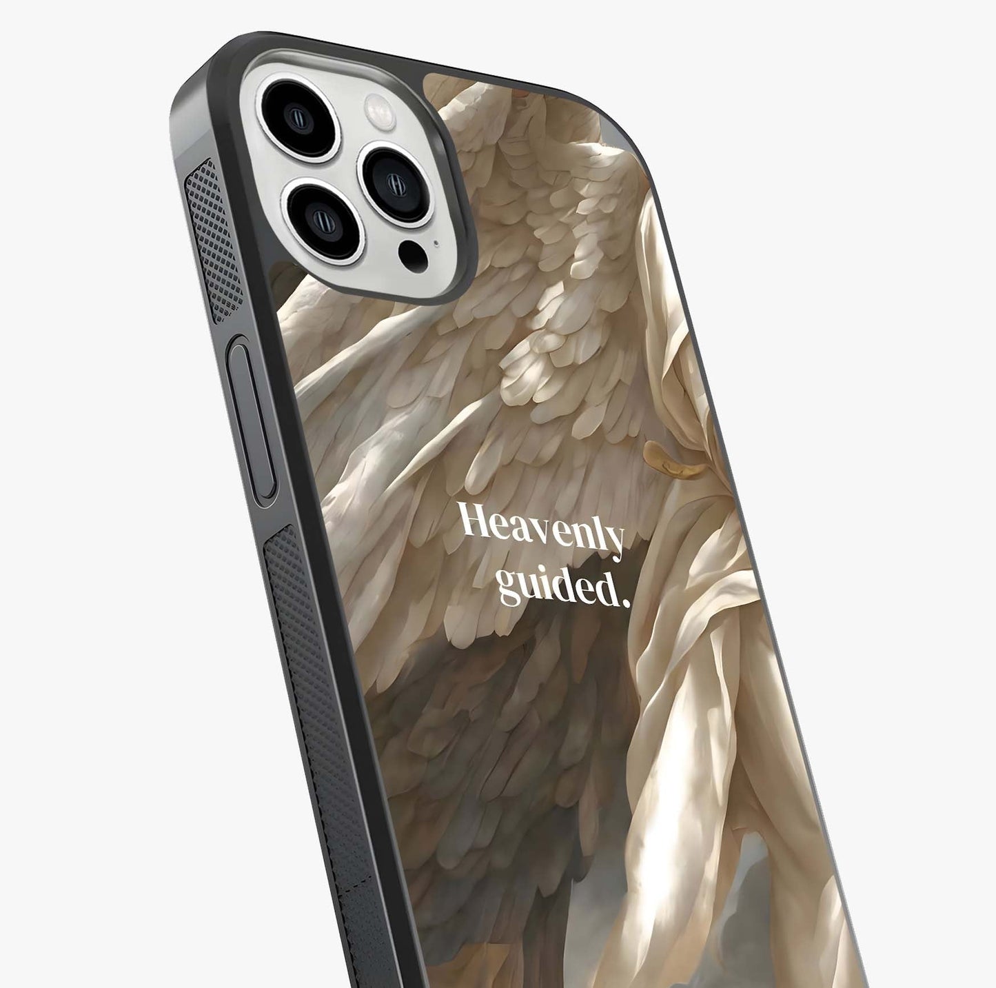 Divine Winged Grace Glass Case captured at a warm angle highlighting gloss, texture and premium glass finish.