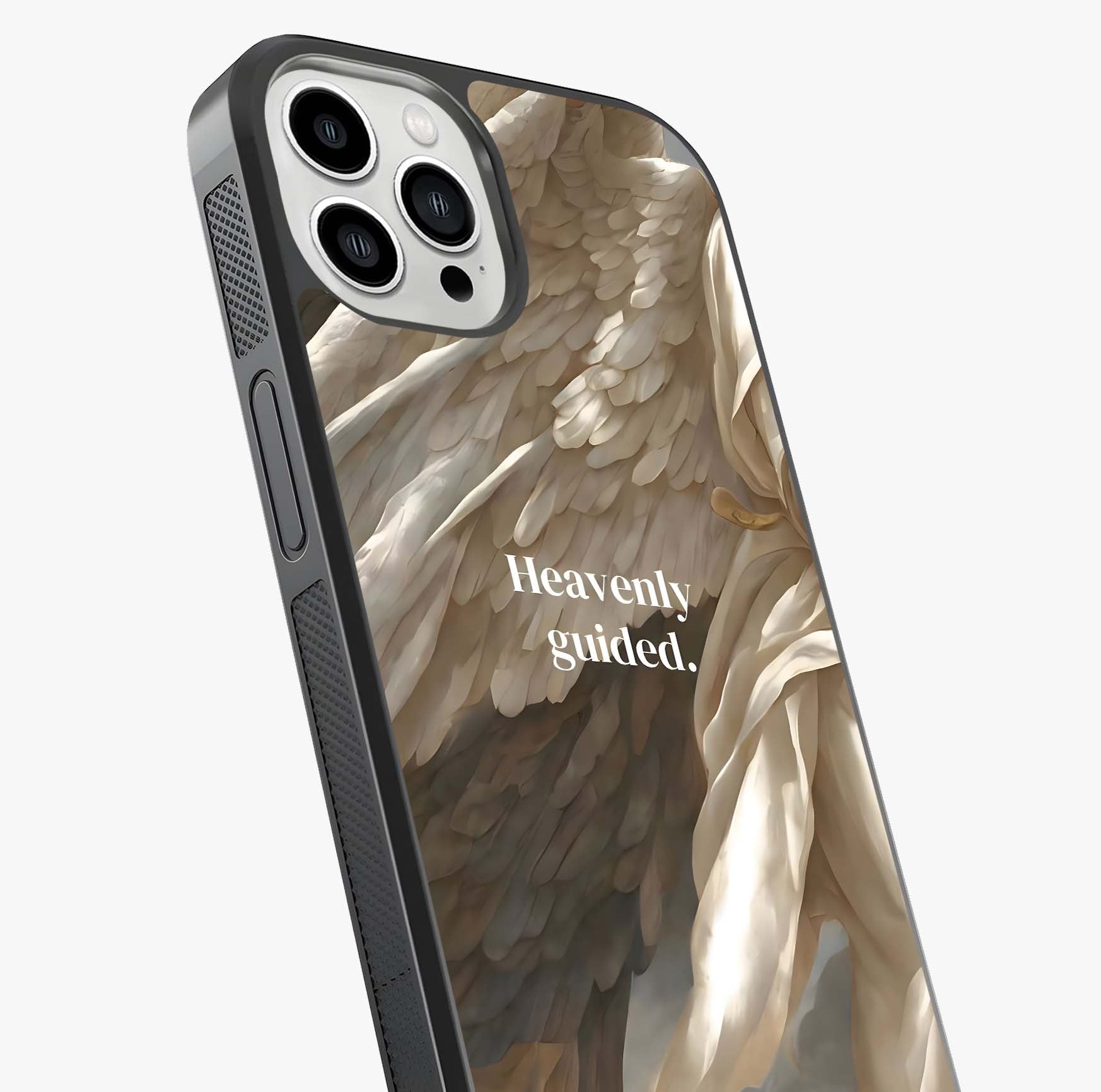 Divine Winged Grace Glass Case captured at a warm angle highlighting gloss, texture and premium glass finish.