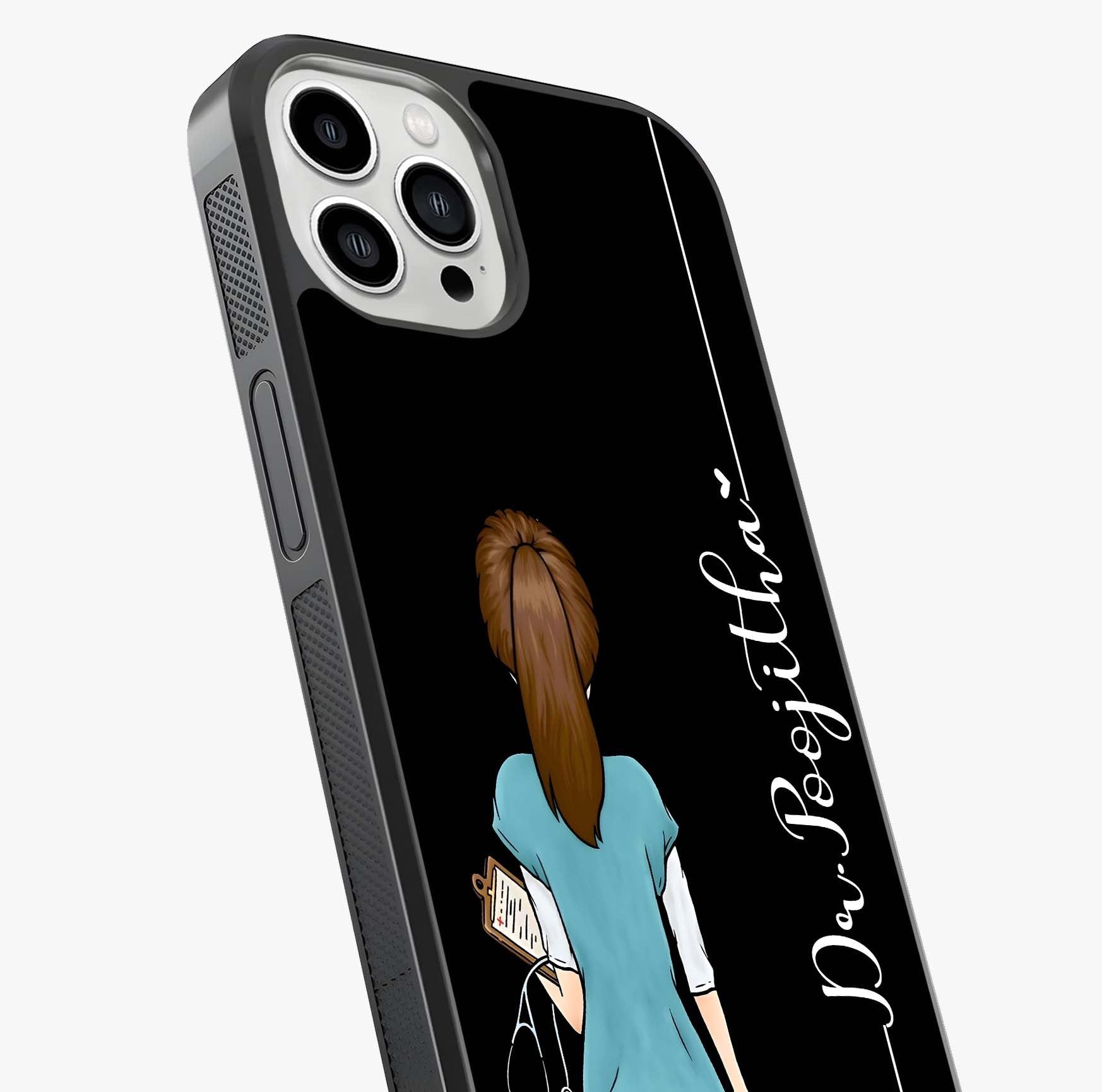 Doctor Pattern Custom Name Glass Case captured at a warm angle highlighting gloss, texture and premium glass finish.
