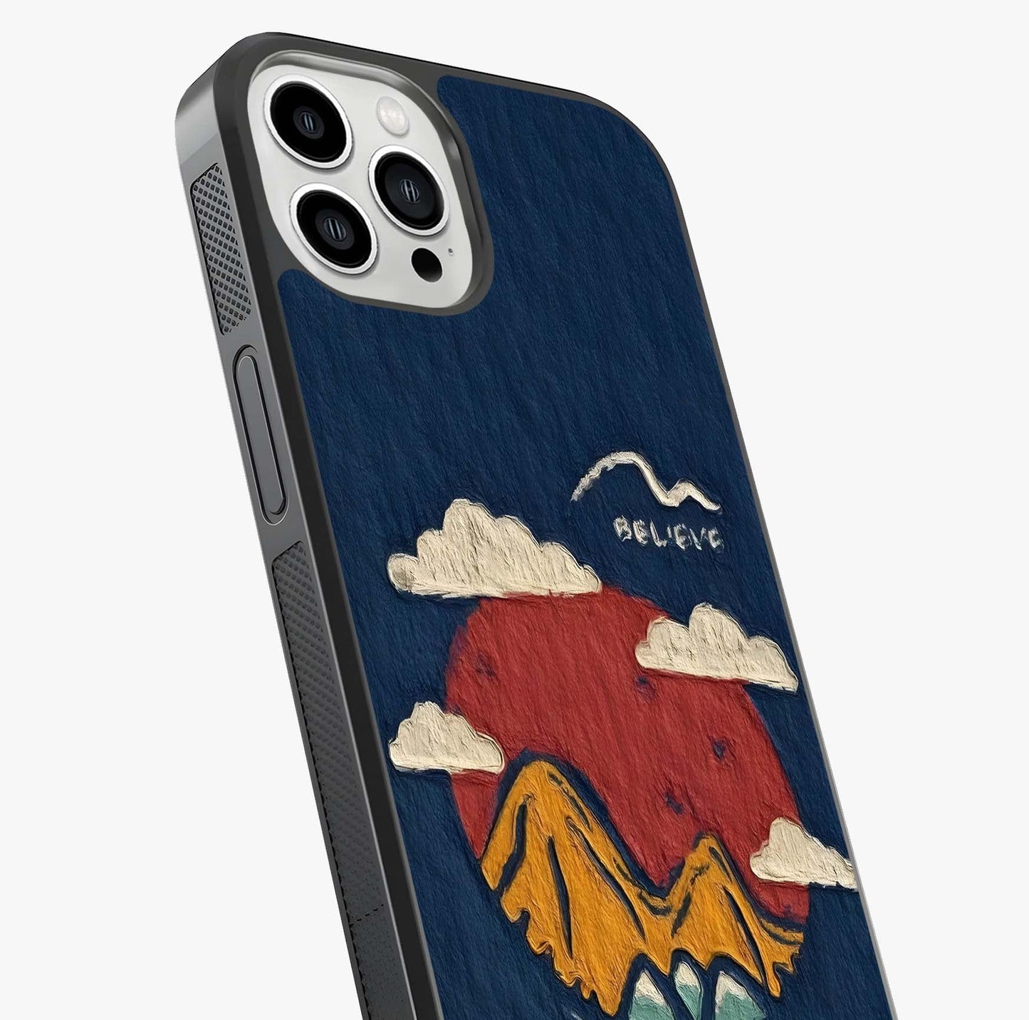 Dream Beyond Mountains Glass Case captured at a warm angle highlighting gloss, texture and premium glass finish.