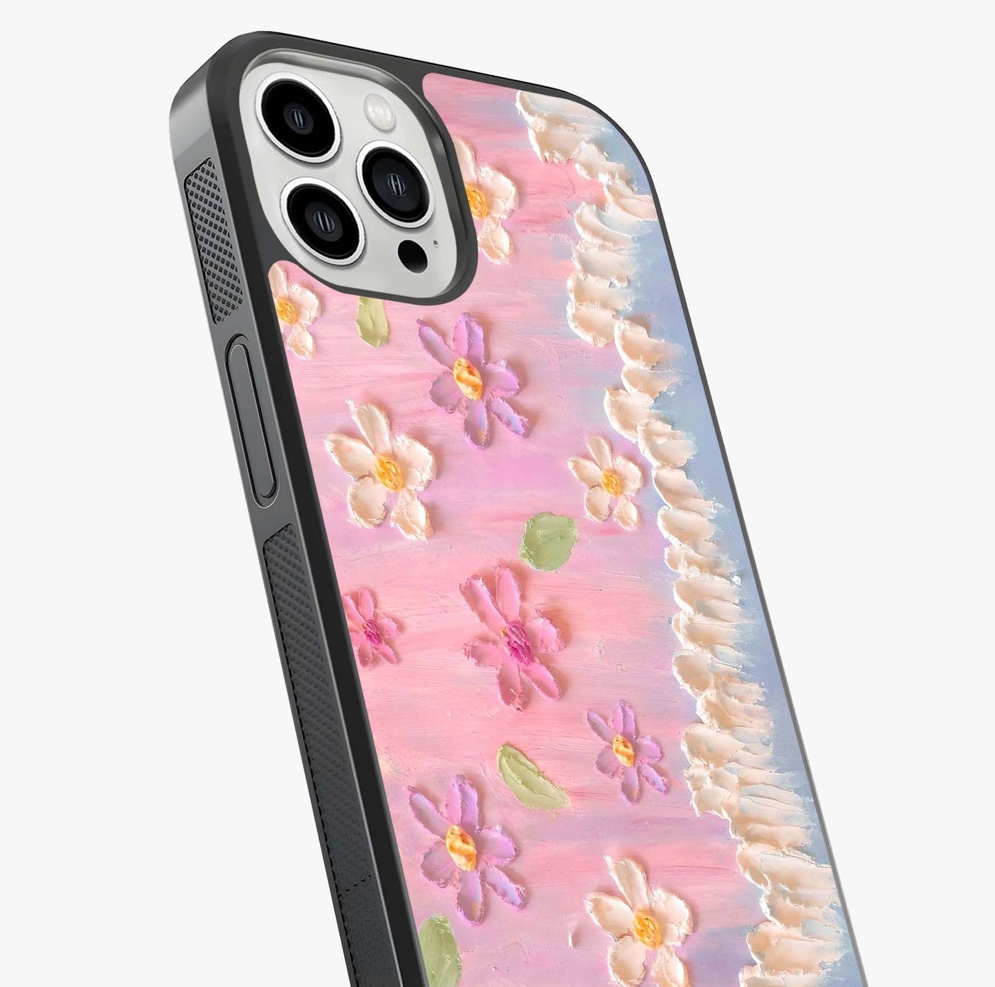 Dreamy Painted Garden Glass Case captured at a warm angle highlighting gloss, texture and premium glass finish.