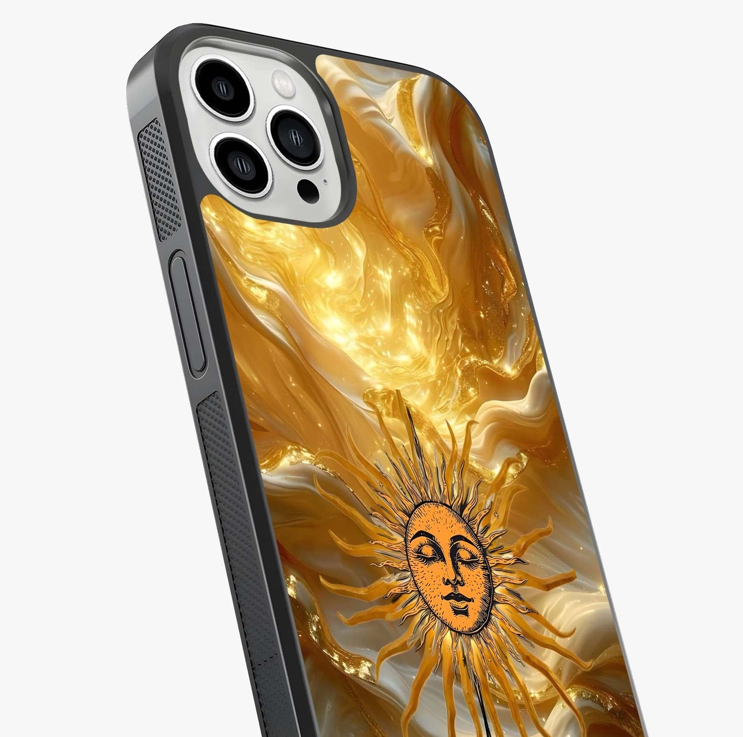 Eternal Golden Glow Glass Case captured at a warm angle highlighting gloss, texture and premium glass finish.