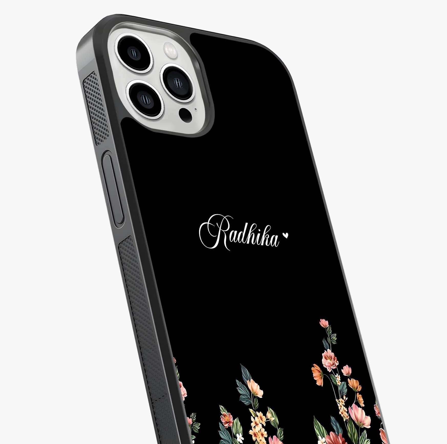 Floral Design With A Custom Personalized Name Glass Case captured at a warm angle highlighting gloss, texture and premium glass finish.