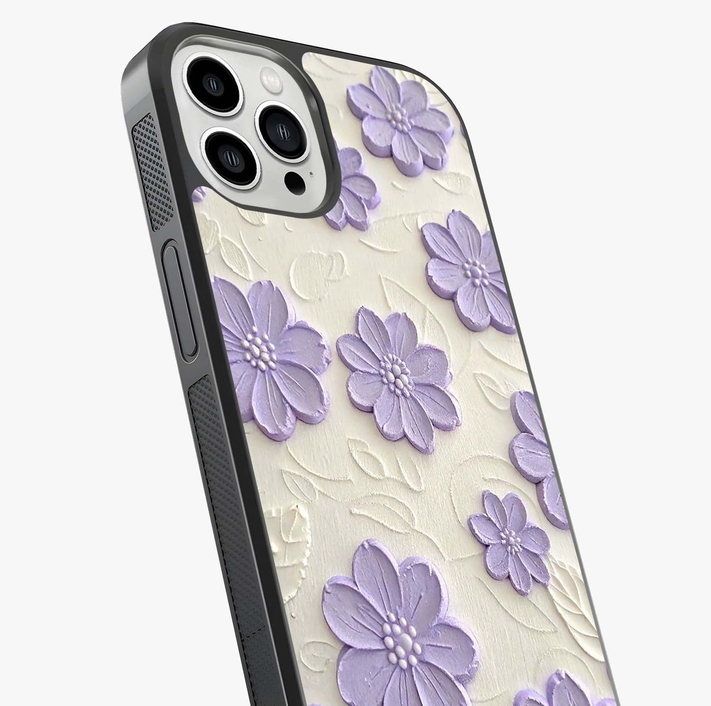 Floral Wall Art With Purple Flowers Glass Case captured at a warm angle highlighting gloss, texture and premium glass finish.