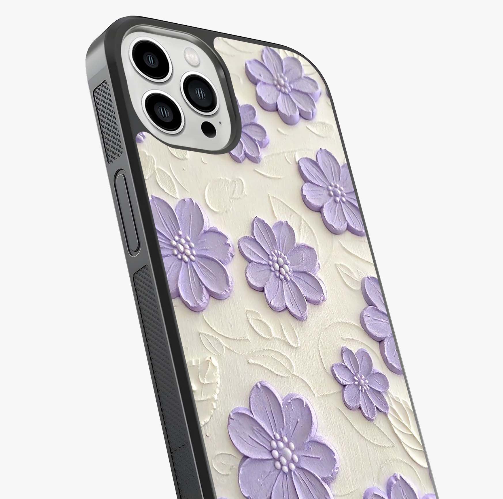 Floral Wall Art With Purple Flowers Glass Case captured at a warm angle highlighting gloss, texture and premium glass finish.