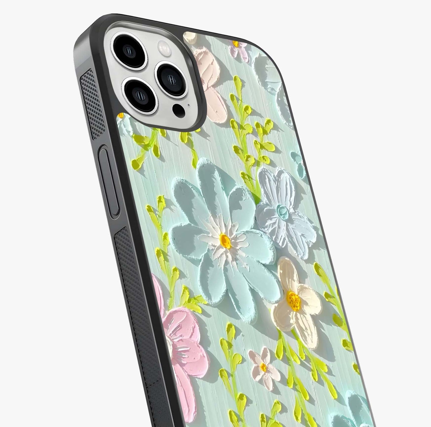 Frosted Petal Garden Glass Case captured at a warm angle highlighting gloss, texture and premium glass finish.