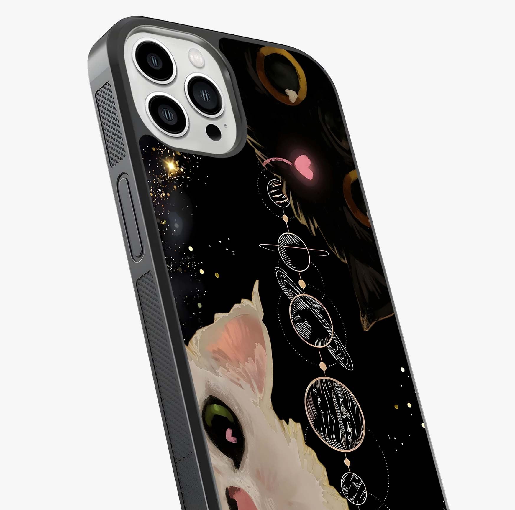 Galactic Cat Glass Case captured at a warm angle highlighting gloss, texture and premium glass finish.