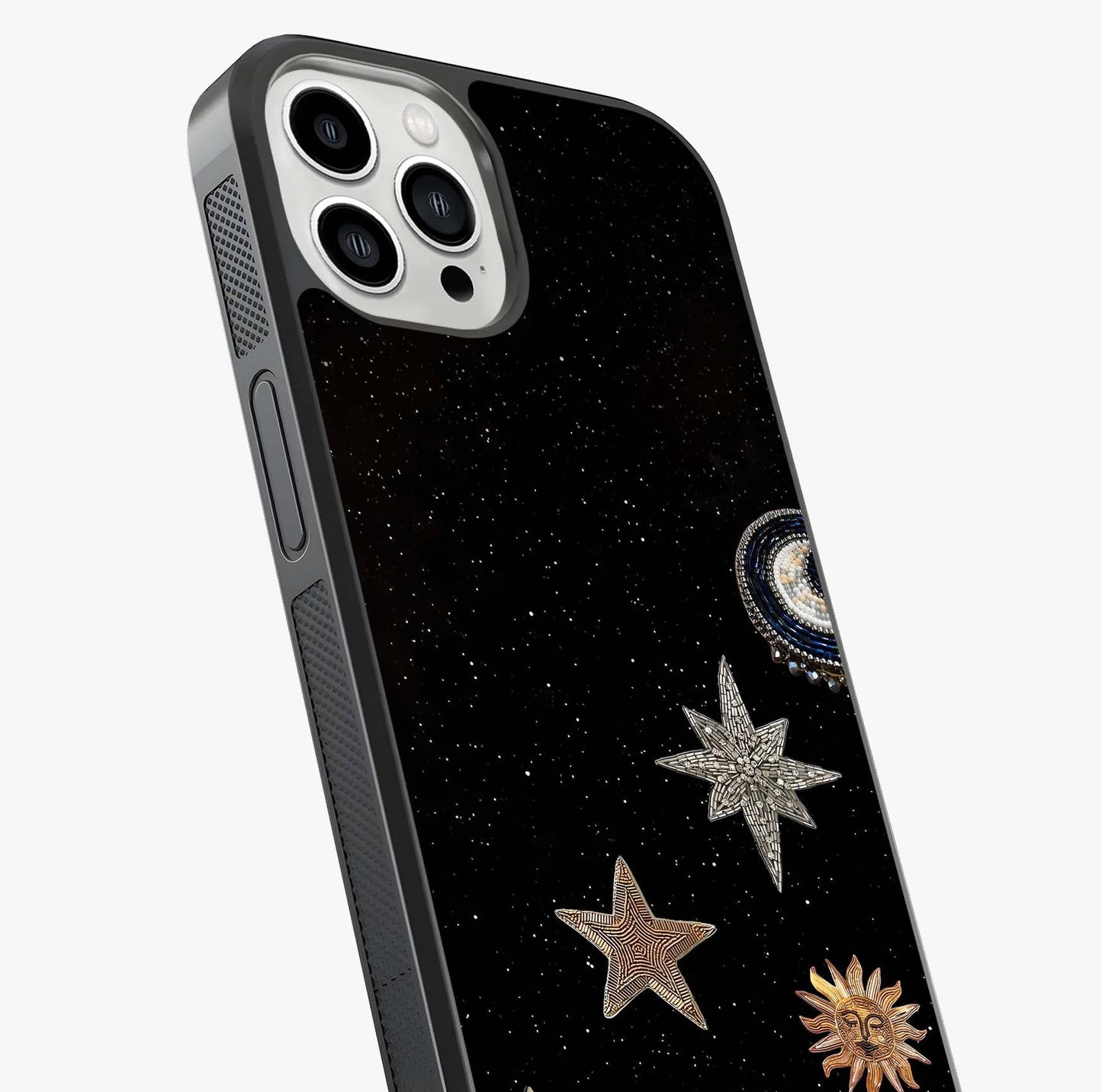 Galactic Charm Glow Glass Case captured at a warm angle highlighting gloss, texture and premium glass finish.