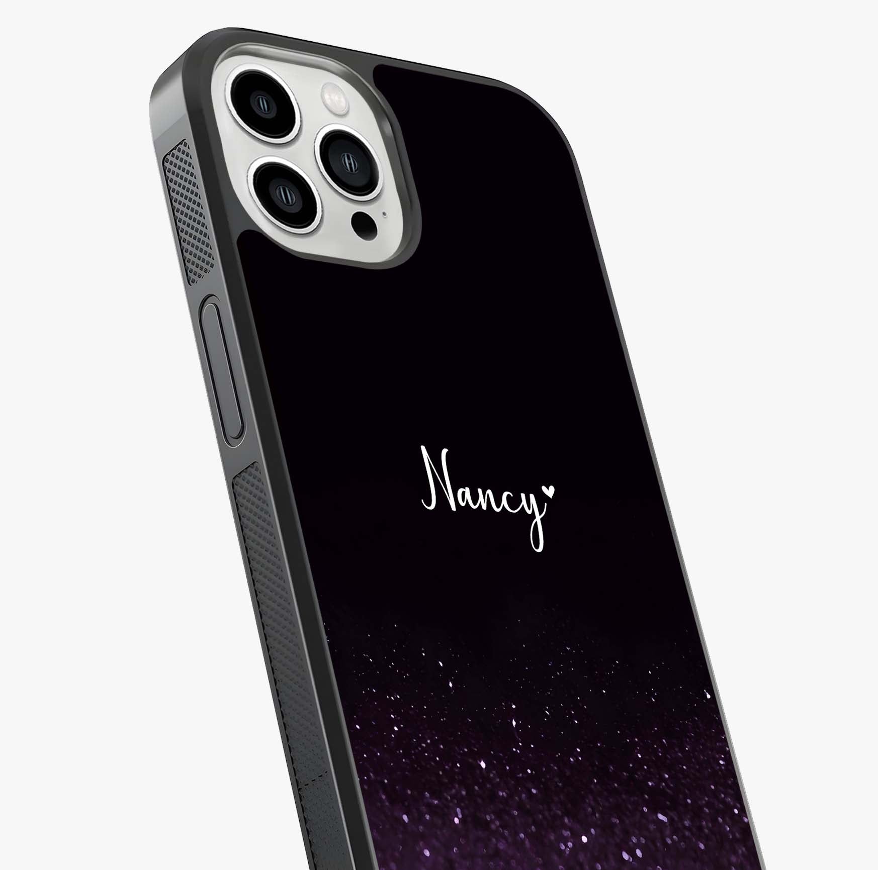Glittery Purple Bokeh Custom Name Glass Case captured at a warm angle highlighting gloss, texture and premium glass finish.