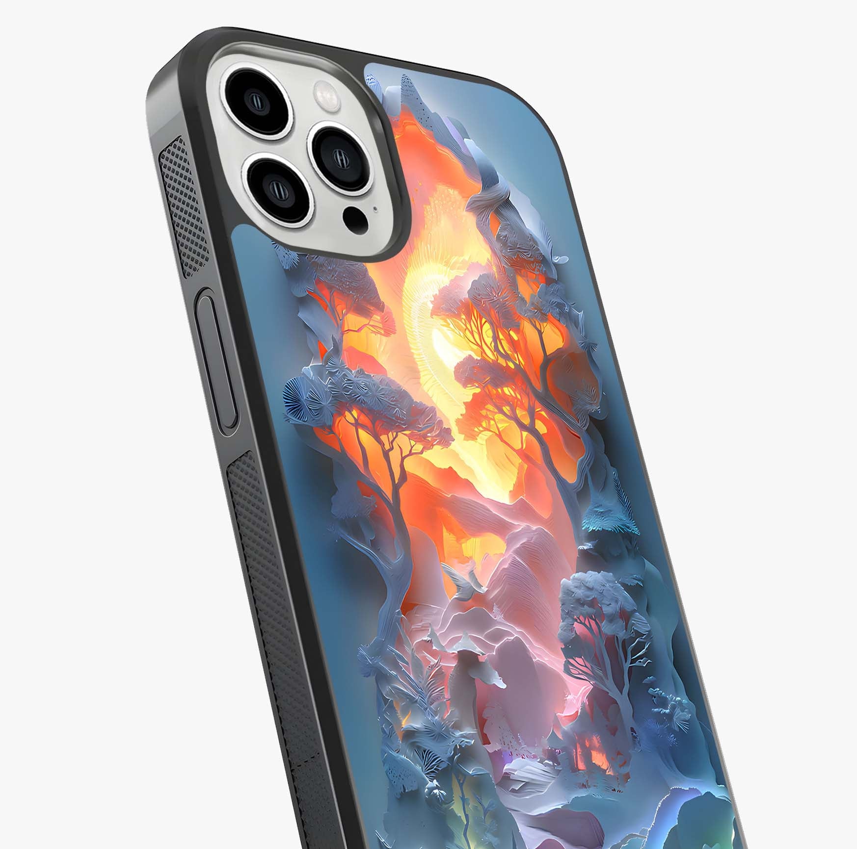 Glow Forest Portal Glass Case captured at a warm angle highlighting gloss, texture and premium glass finish.